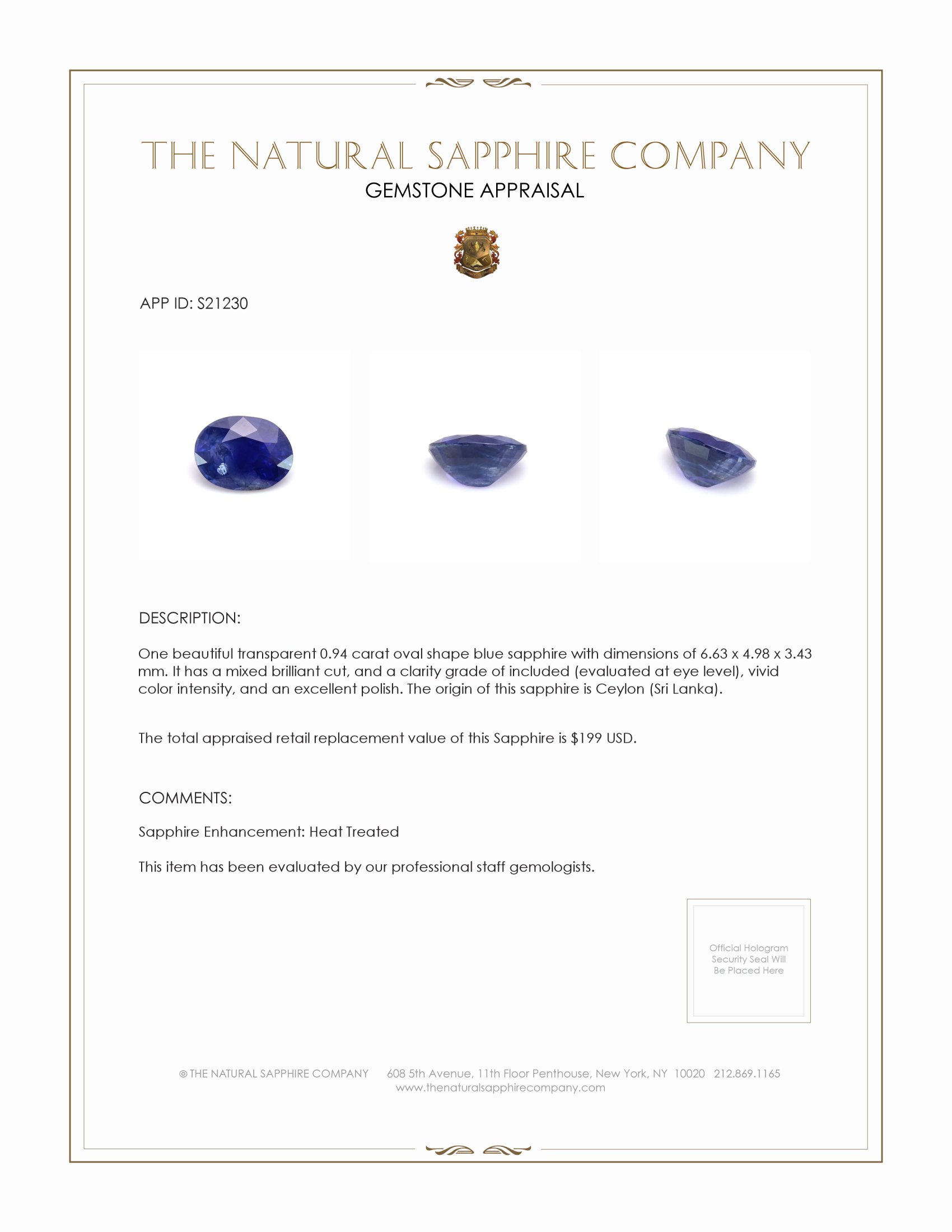 0.94 Ct. Blue Sapphire from Ceylon (Sri Lanka)