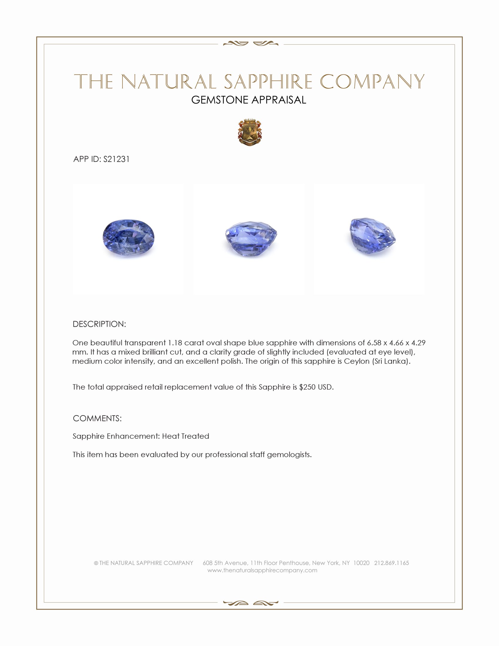 1.18 Ct. Blue Sapphire from Ceylon (Sri Lanka)