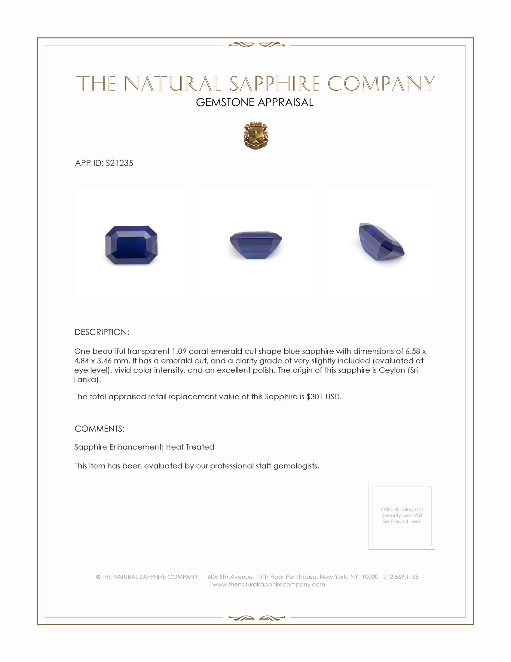 1.09 Ct. Blue Sapphire from Ceylon (Sri Lanka)