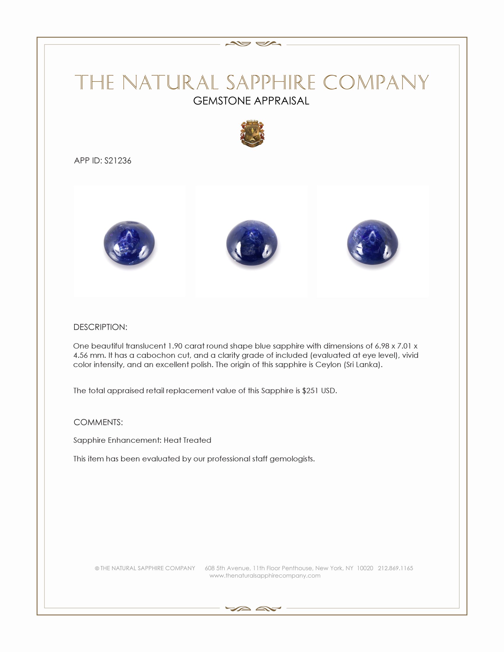 1.90 Ct. Blue Cabochon Sapphire from Ceylon (Sri Lanka)