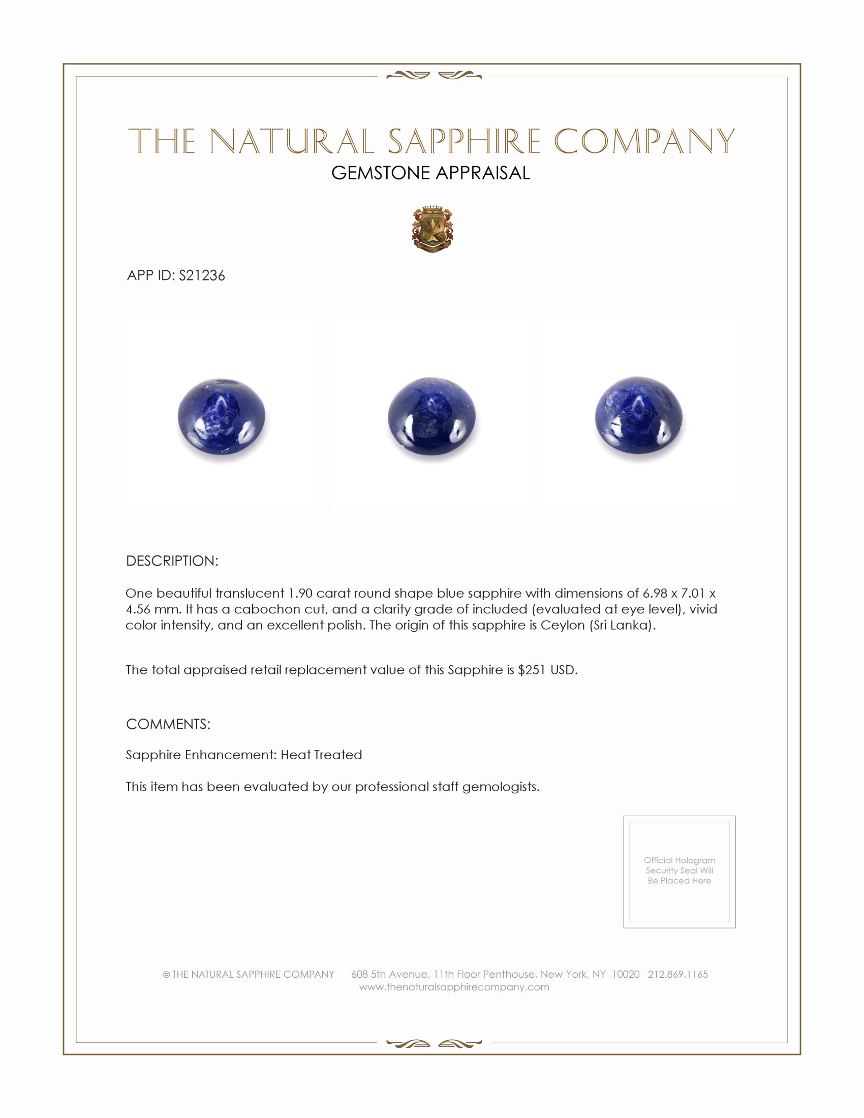 1.90 Ct. Blue Cabochon Sapphire from Ceylon (Sri Lanka)