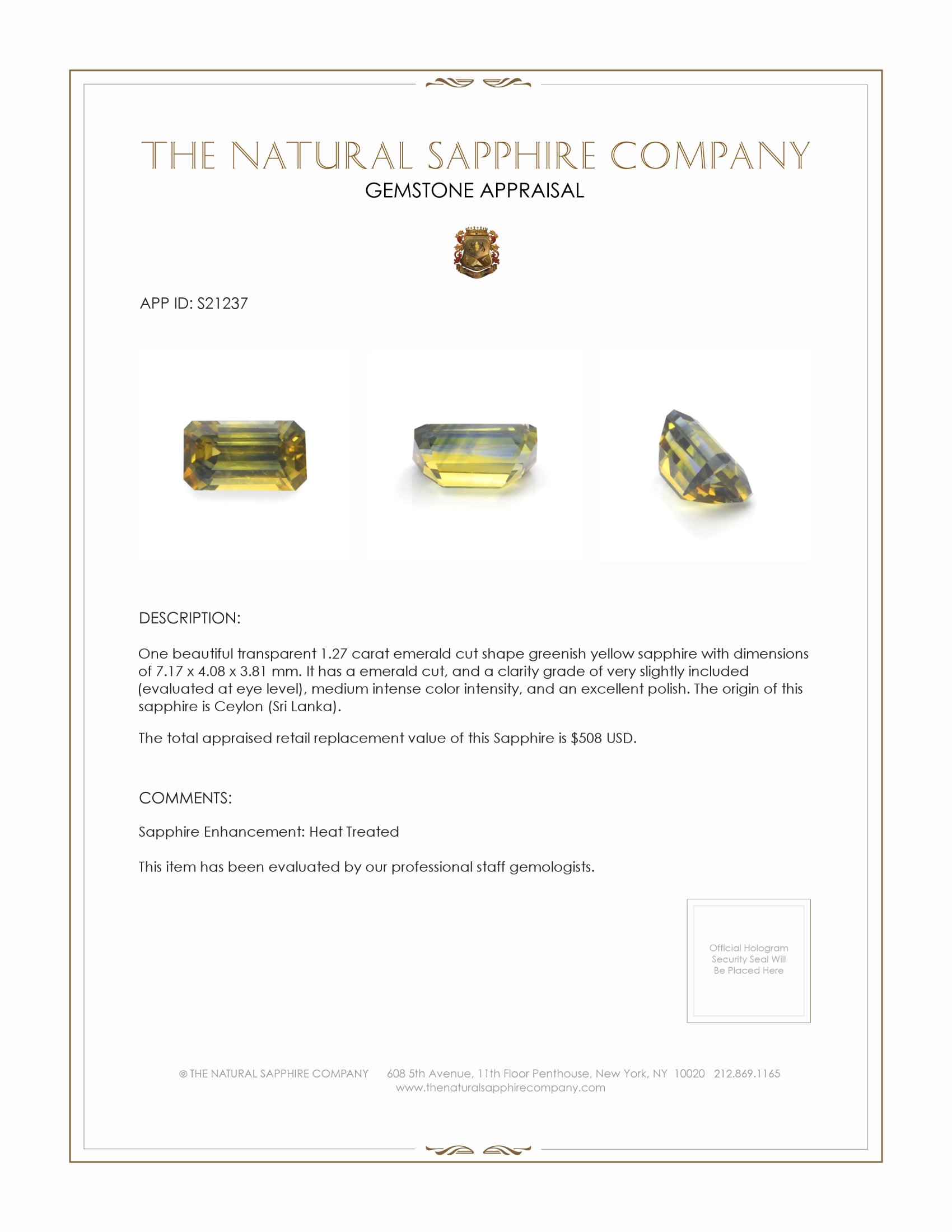 1.27 Ct. Greenish Yellow Sapphire from Ceylon (Sri Lanka)