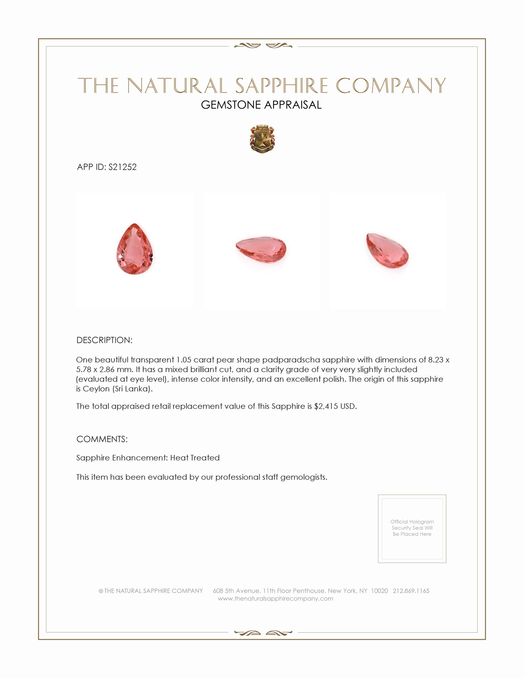 1.05 Ct. Padparadscha Sapphire from Ceylon (Sri Lanka)