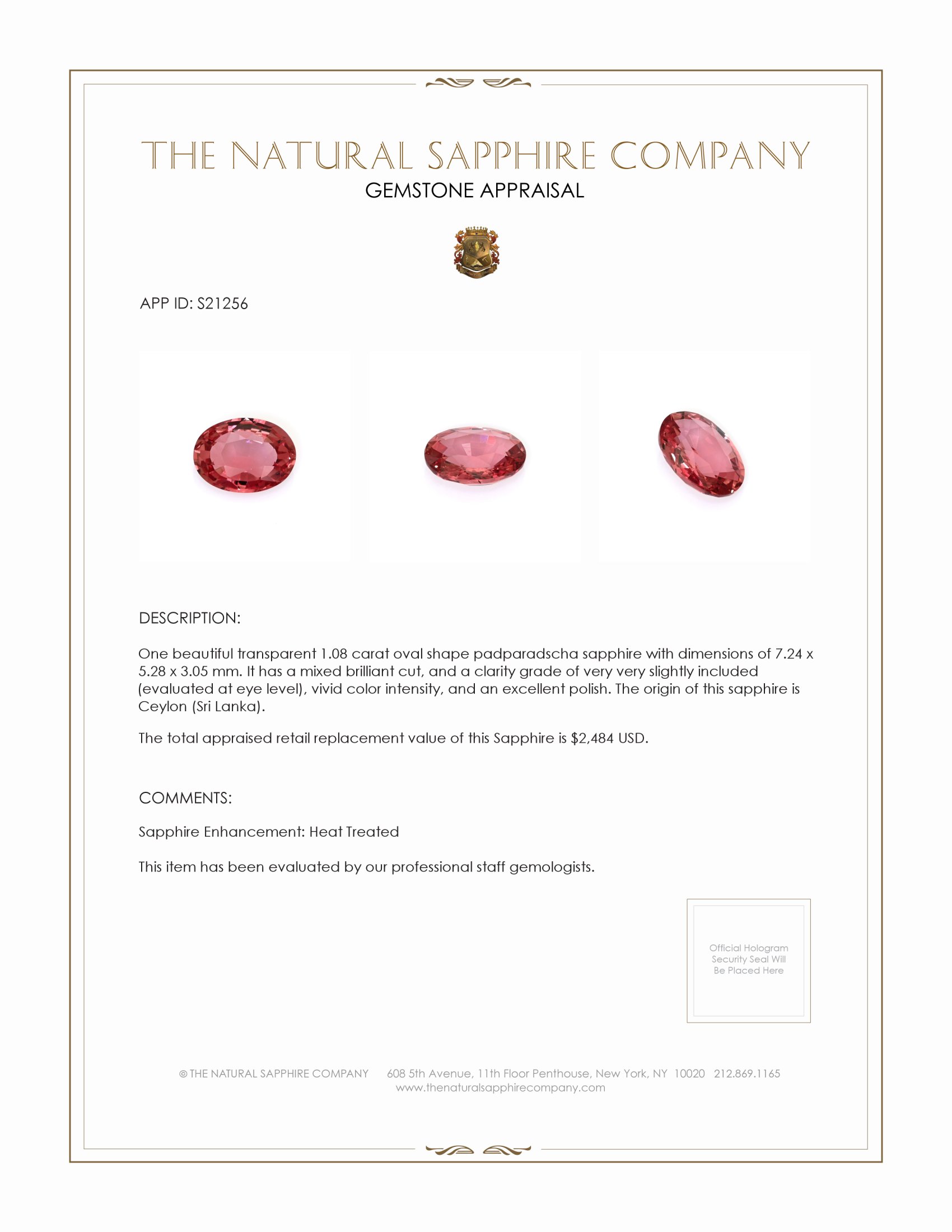 1.08 Ct. Padparadscha Sapphire from Ceylon (Sri Lanka)