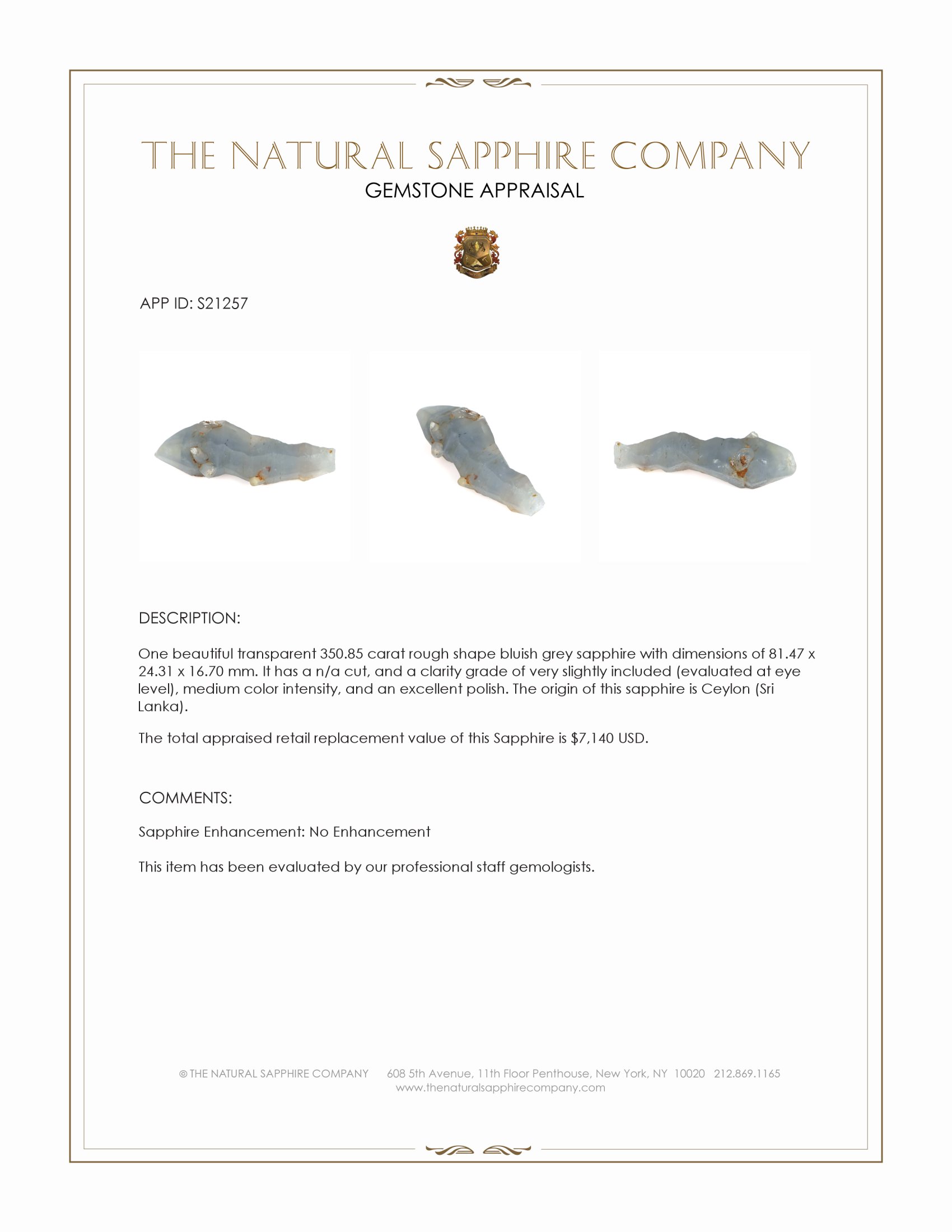 350.85 Ct. Bluish Grey Rough Sapphire from Ceylon (Sri Lanka)