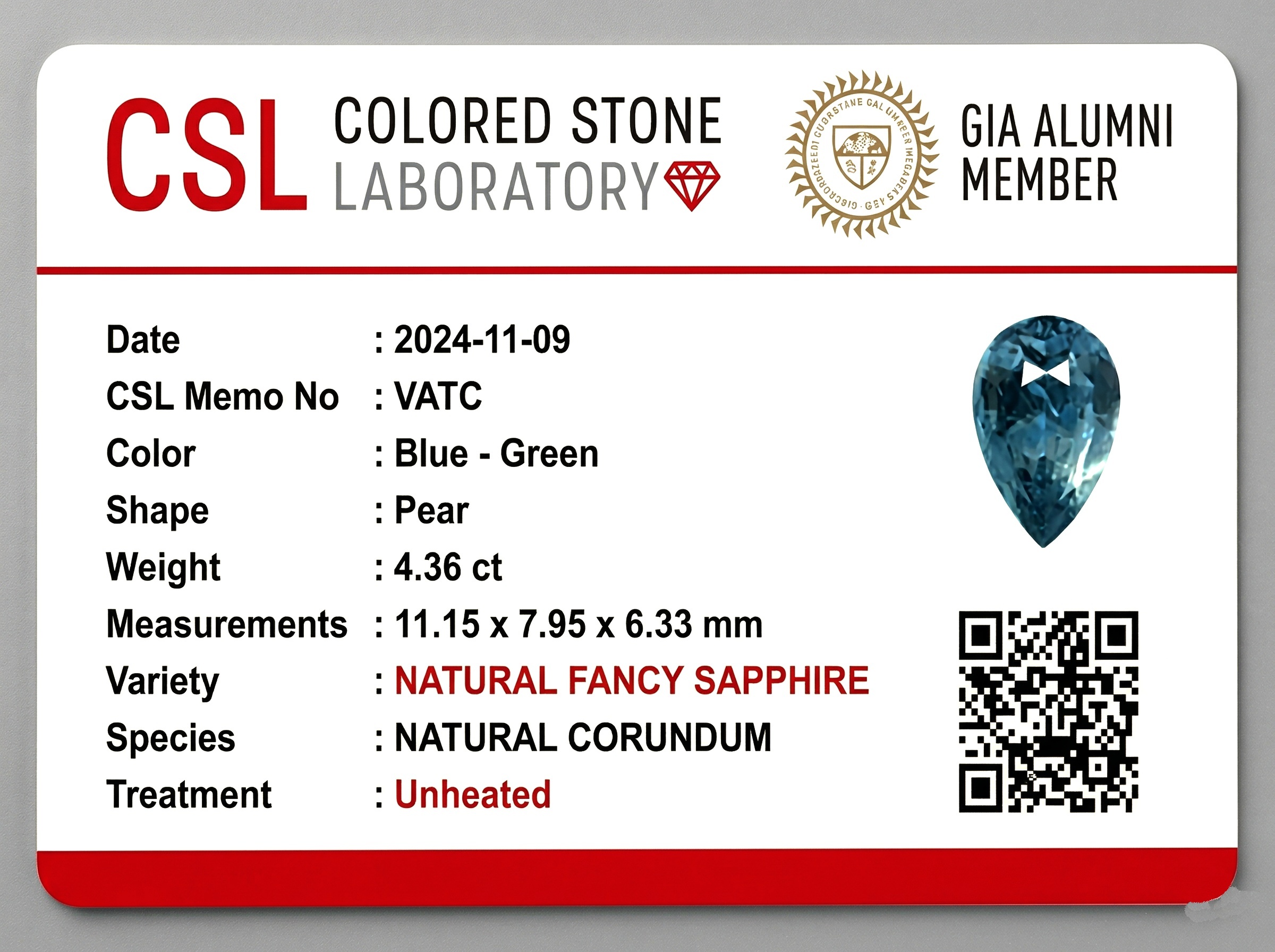 4.36 Ct. Greenish Blue Sapphire from Ceylon (Sri Lanka)
