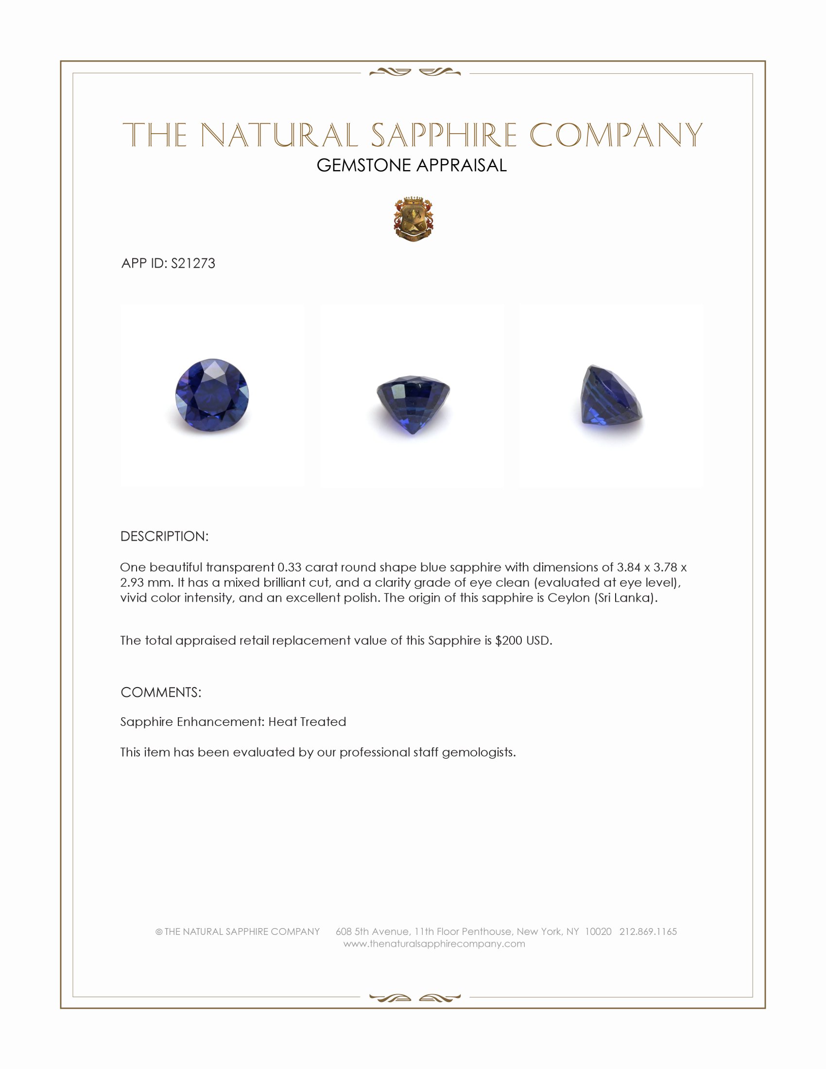0.33 Ct. Blue Sapphire from Ceylon (Sri Lanka)