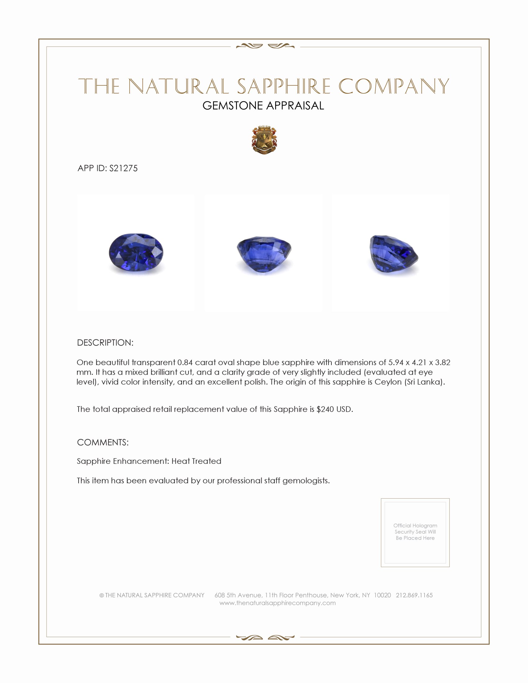 0.84 Ct. Blue Sapphire from Ceylon (Sri Lanka)
