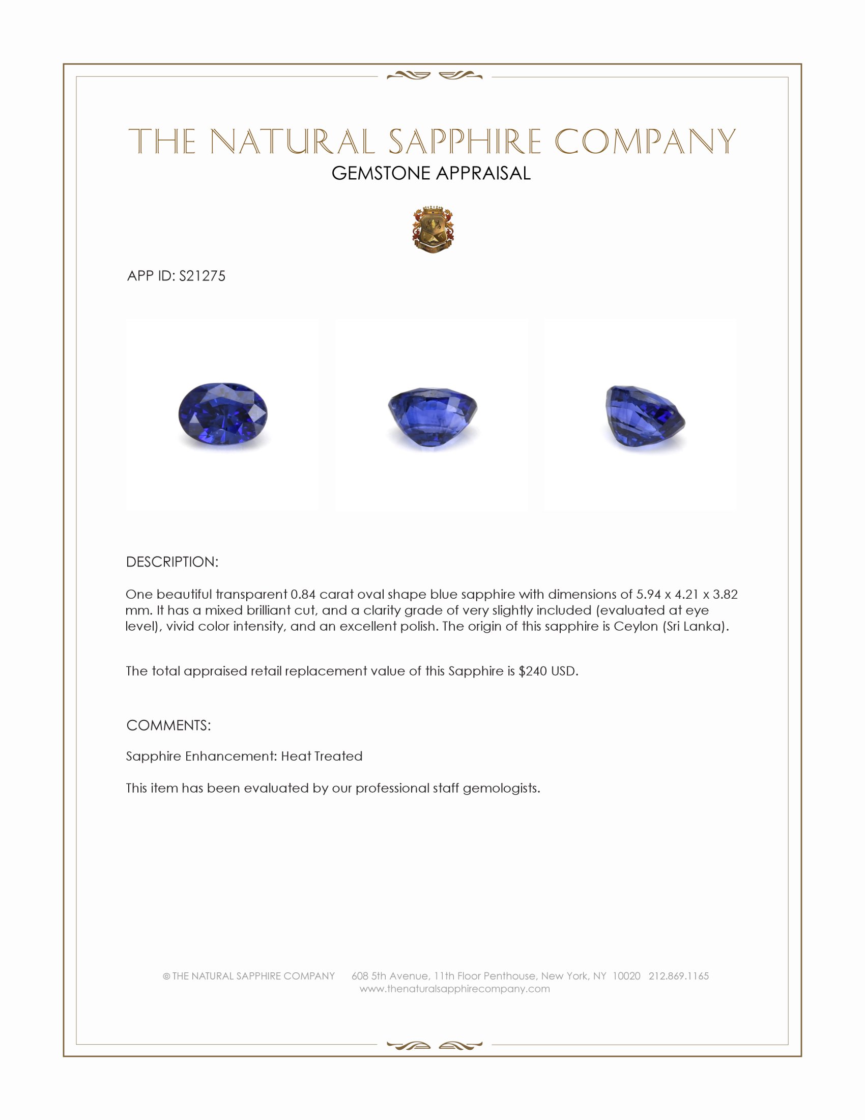 0.84 Ct. Blue Sapphire from Ceylon (Sri Lanka)