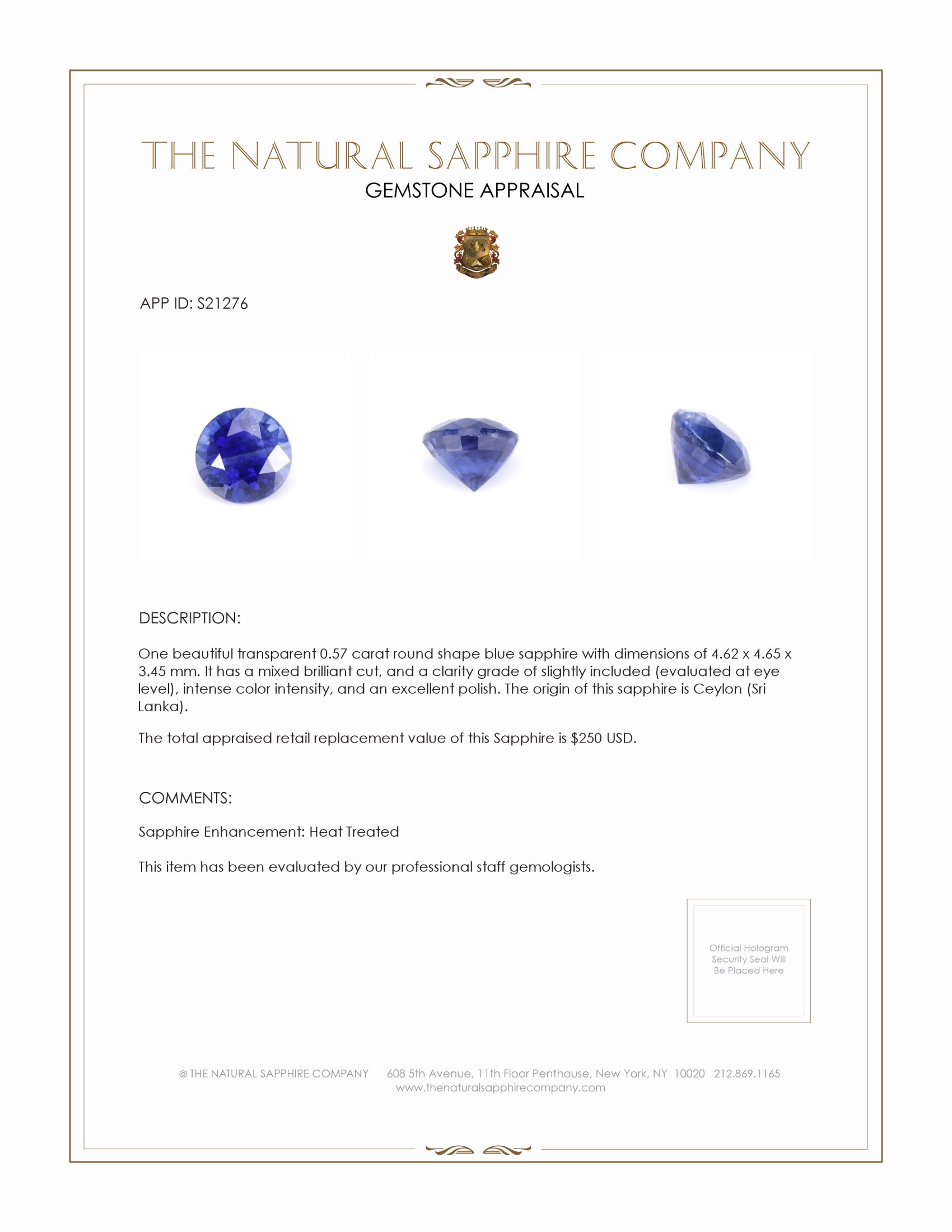 0.57 Ct. Blue Sapphire from Ceylon (Sri Lanka)