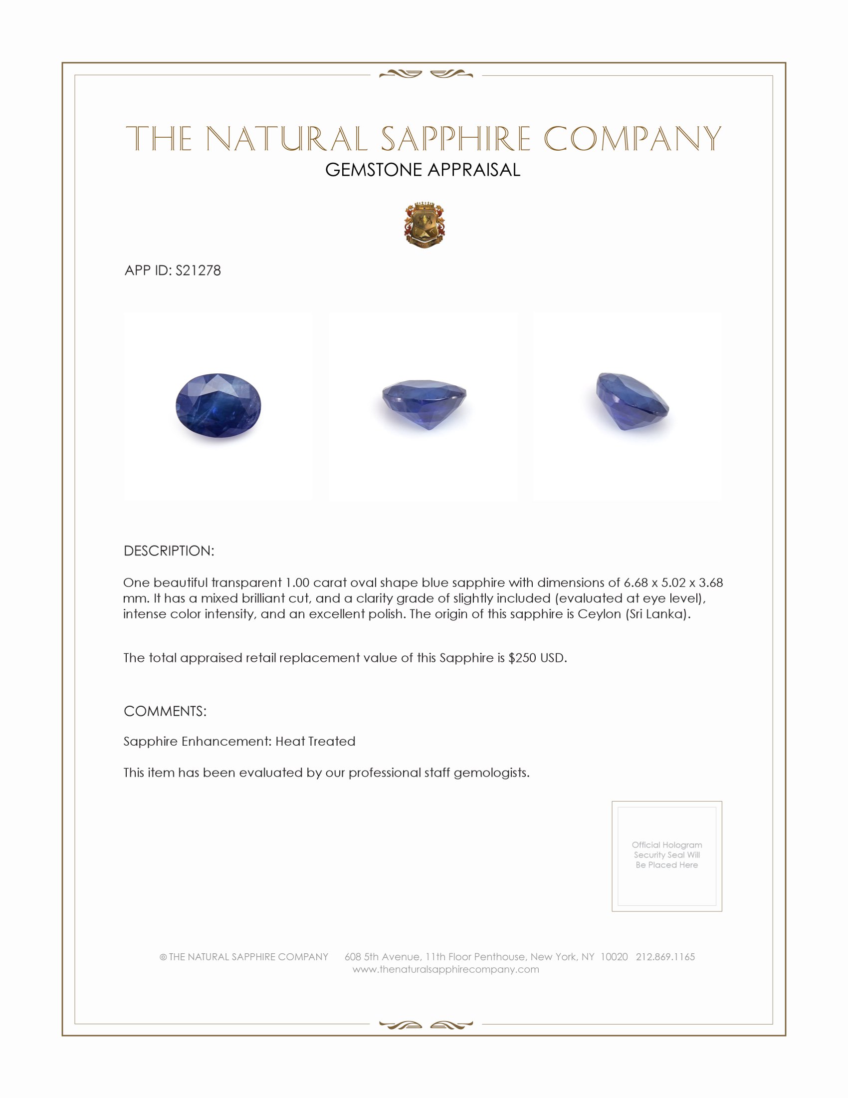 1.00 Ct. Blue Sapphire from Ceylon (Sri Lanka)