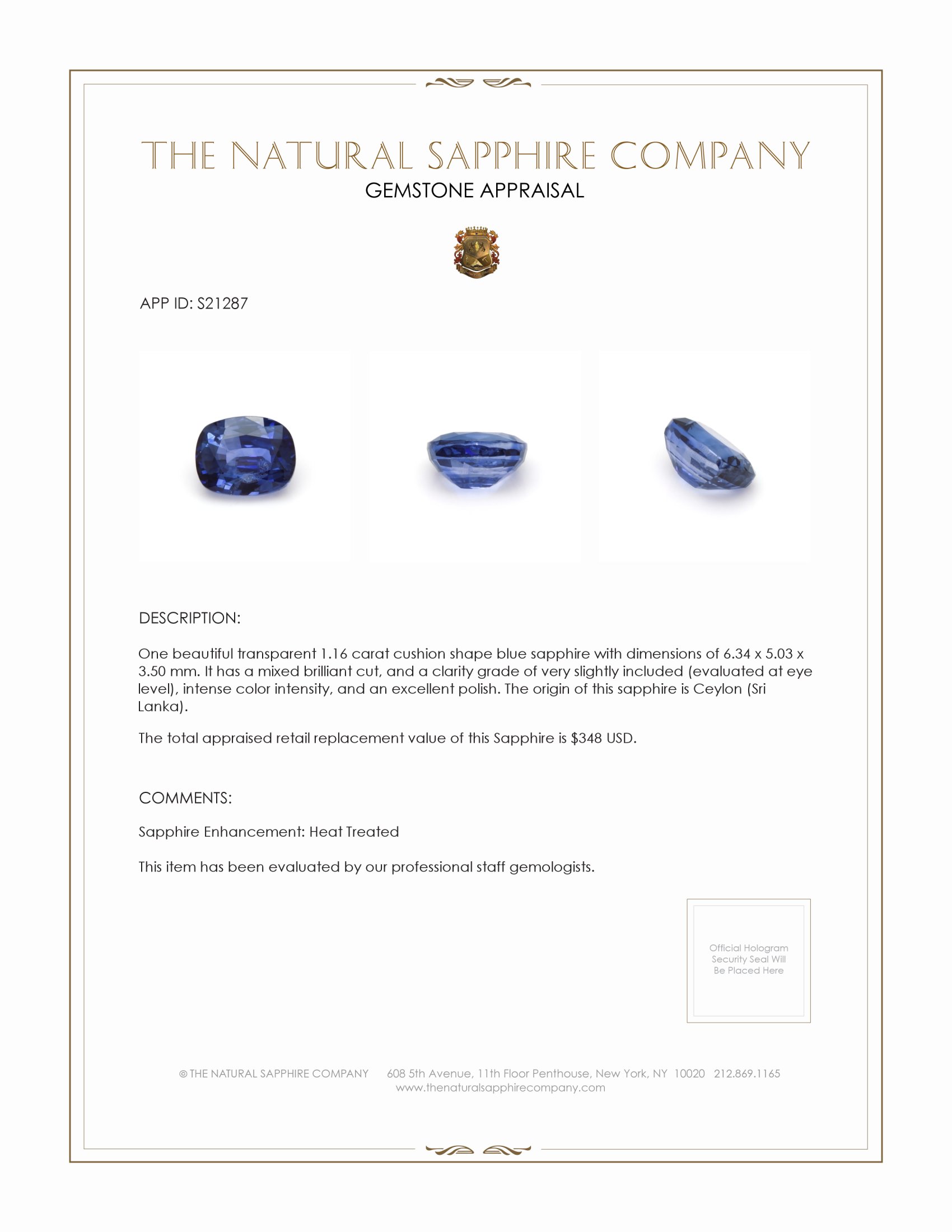 1.16 Ct. Blue Sapphire from Ceylon (Sri Lanka)