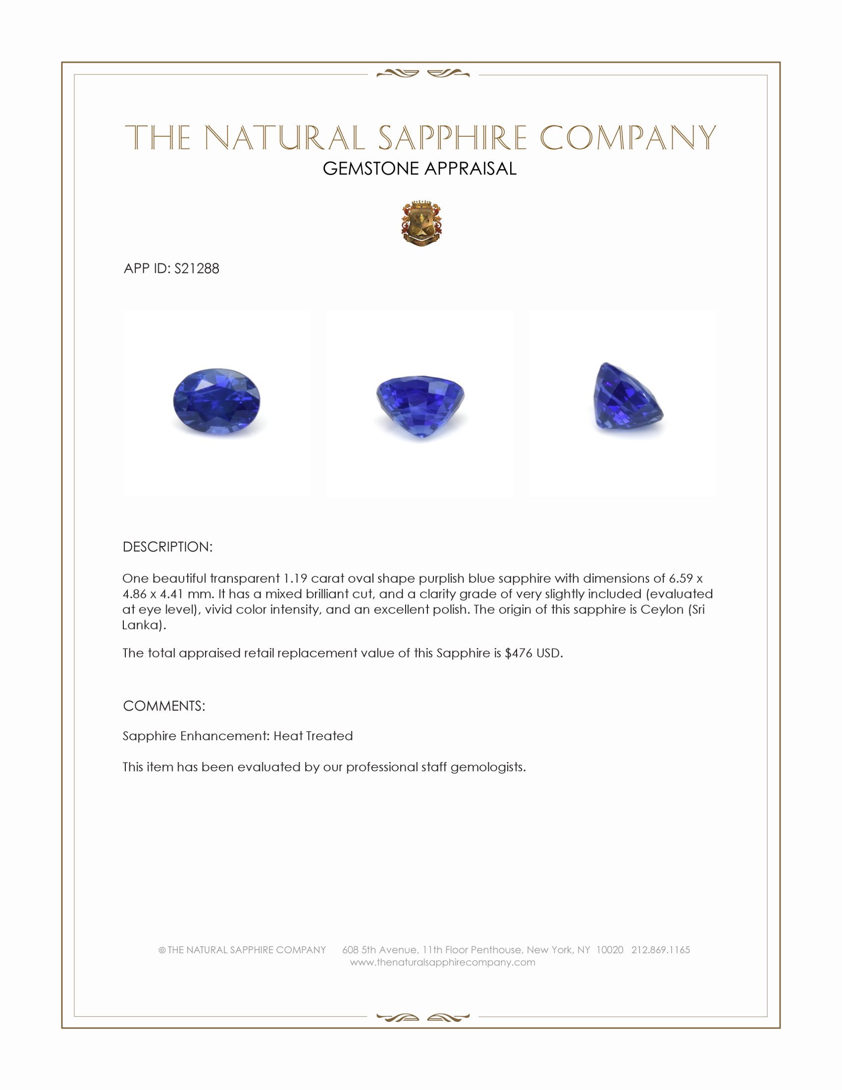 1.19 Ct. Purplish Blue Sapphire from Ceylon (Sri Lanka)