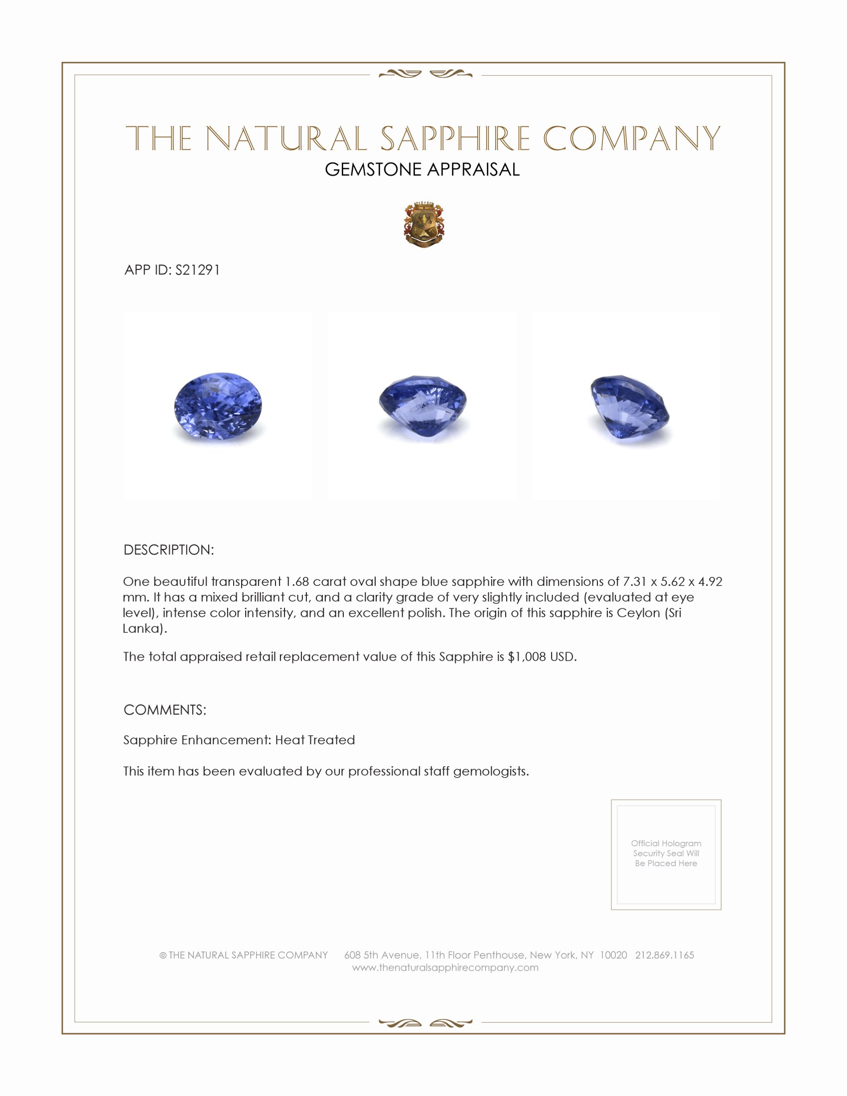 1.68 Ct. Blue Sapphire from Ceylon (Sri Lanka)