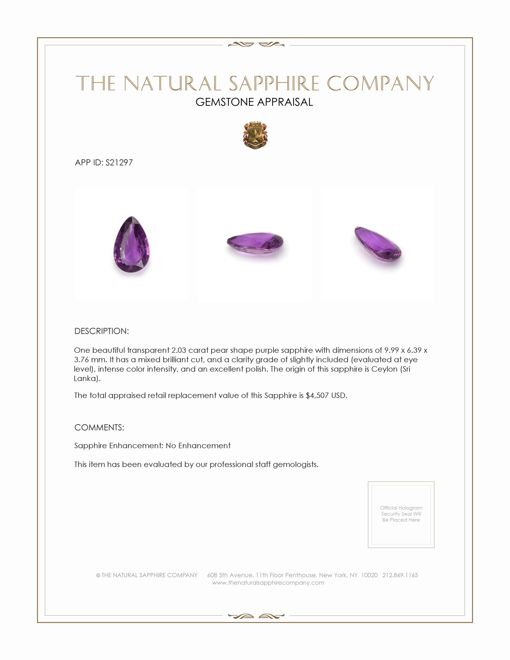 2.03 Ct. Purple Sapphire from Ceylon (Sri Lanka)