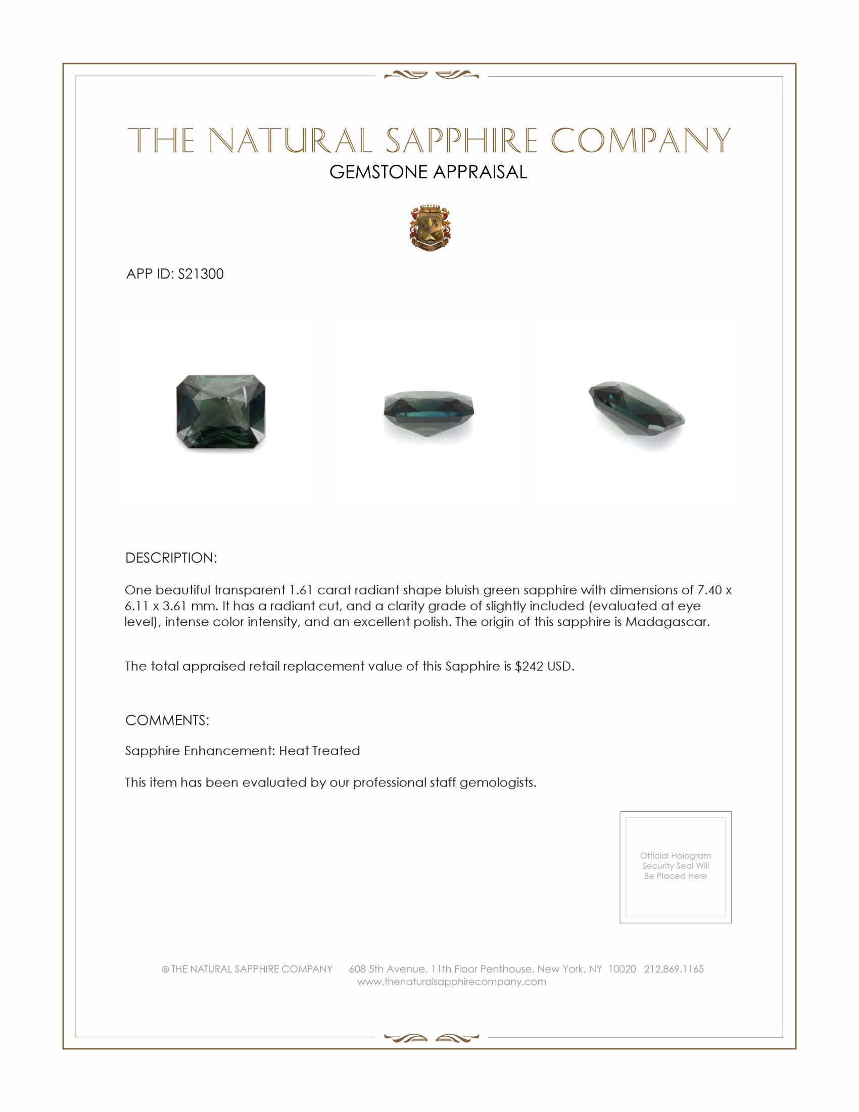 1.61 Ct. Bluish Green Sapphire from Madagascar