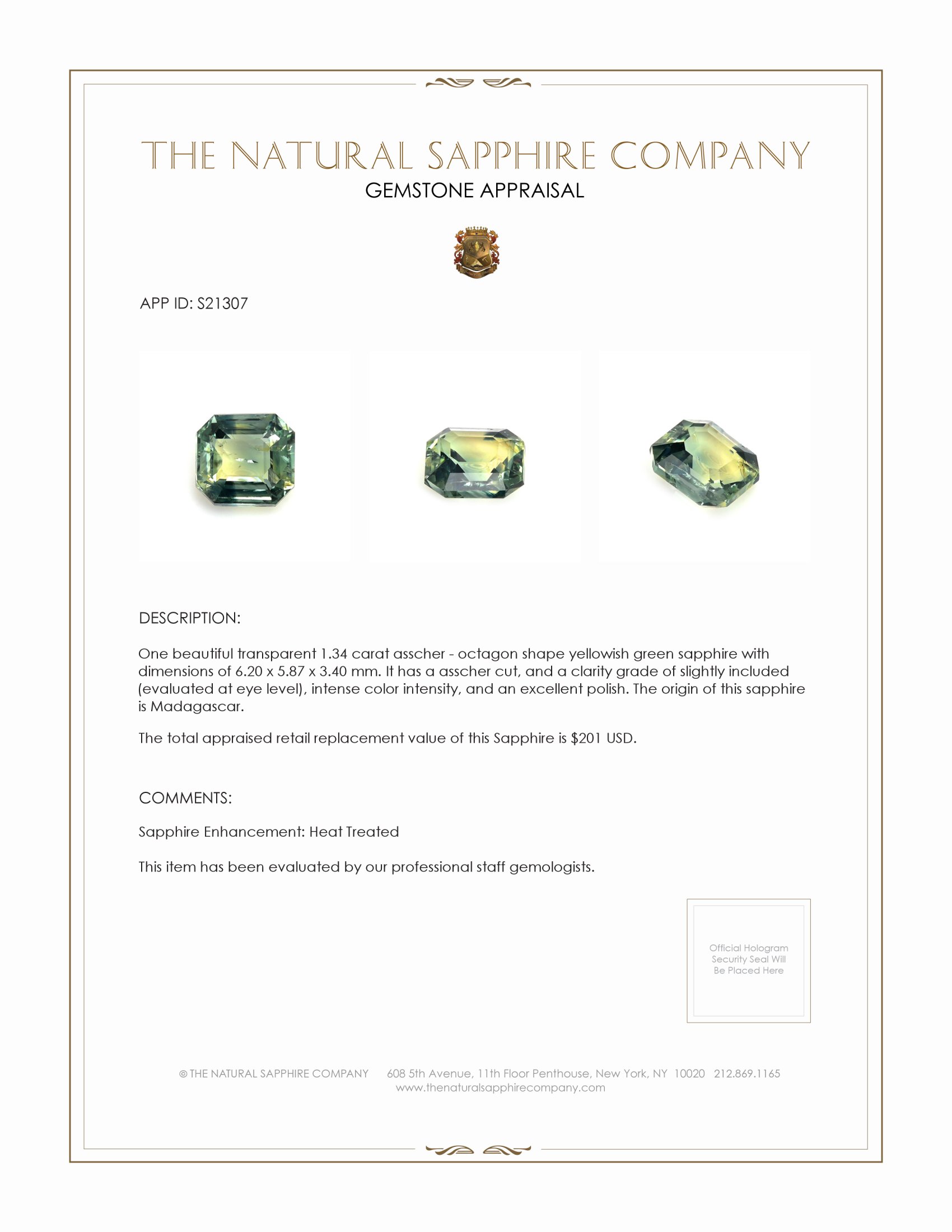 1.34 Ct. Yellowish Green Sapphire from Madagascar