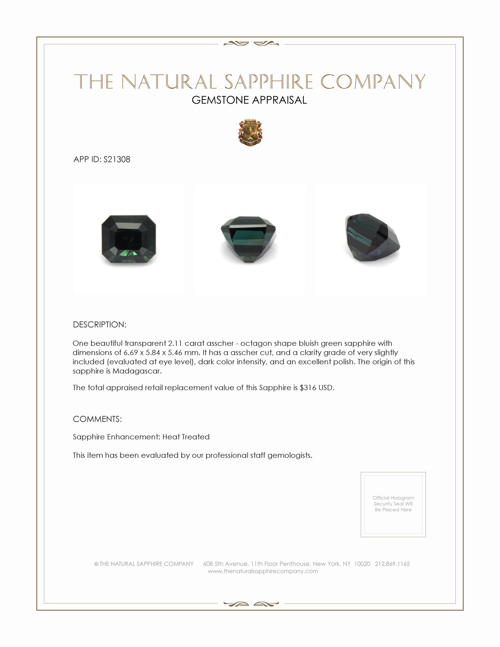2.11 Ct. Bluish Green Sapphire from Madagascar