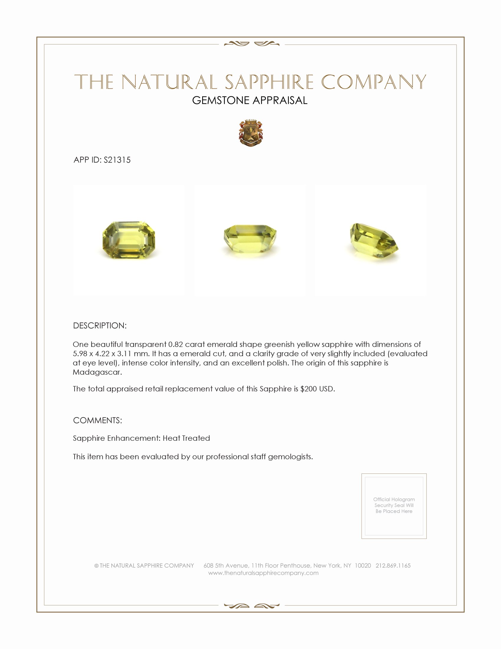 0.82 Ct. Greenish Yellow Sapphire from Madagascar