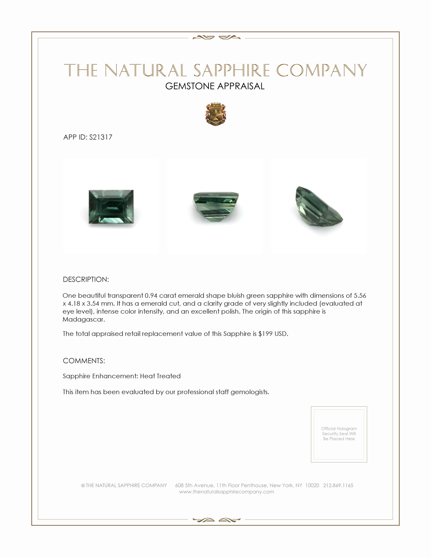 0.94 Ct. Bluish Green Sapphire from Madagascar