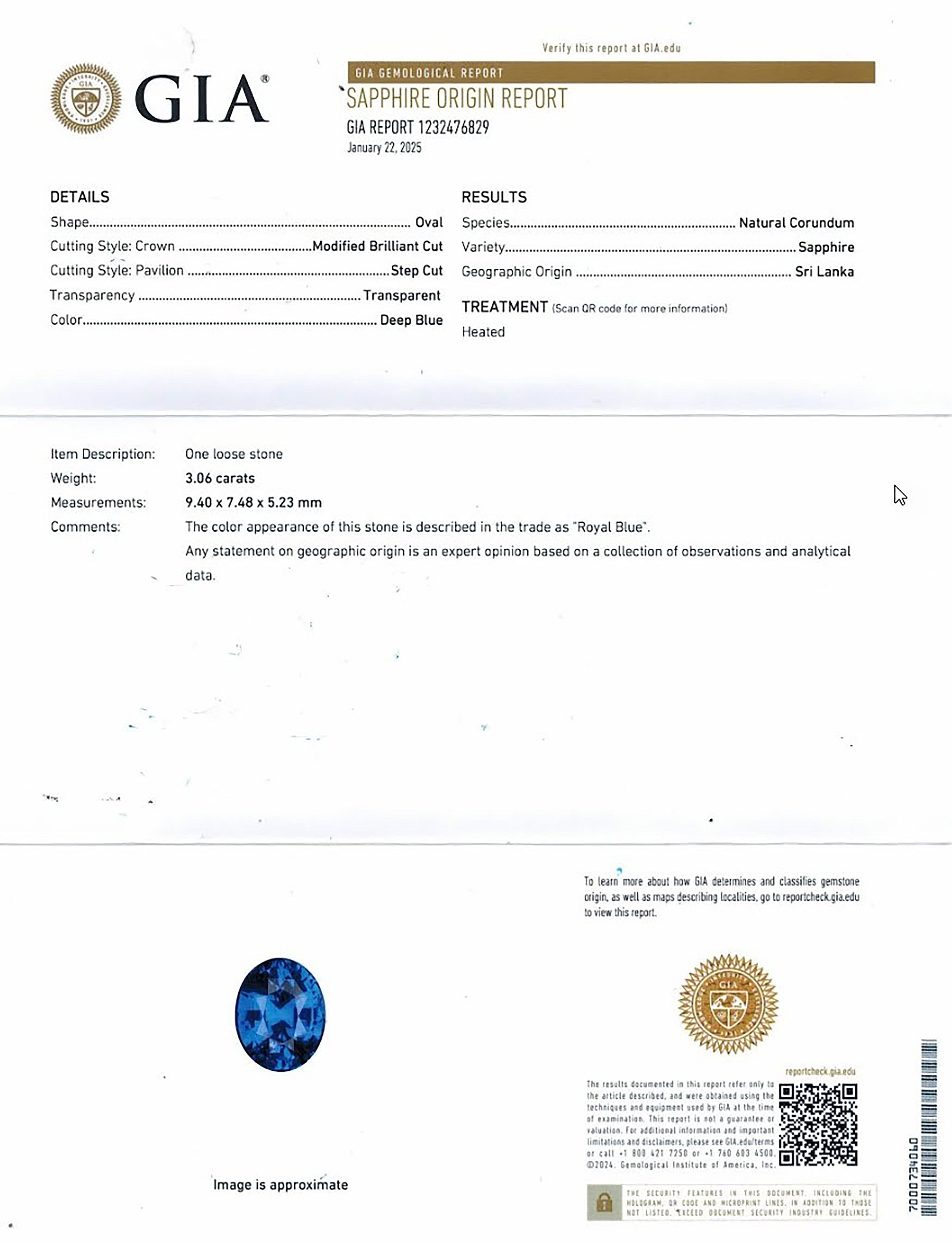 3.06 Ct. Blue Sapphire from Ceylon (Sri Lanka)