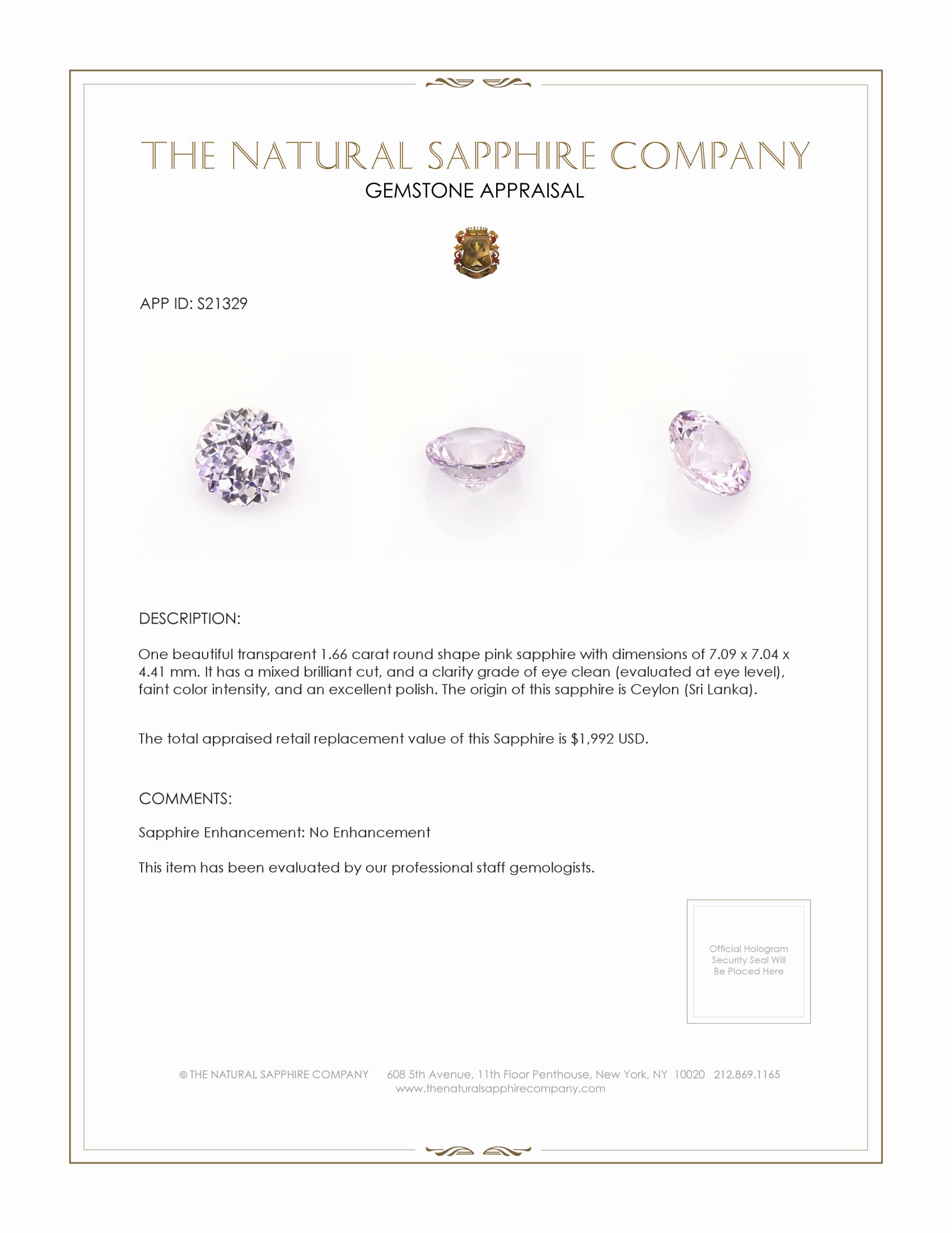 1.66 Ct. Pink Sapphire from Ceylon (Sri Lanka)