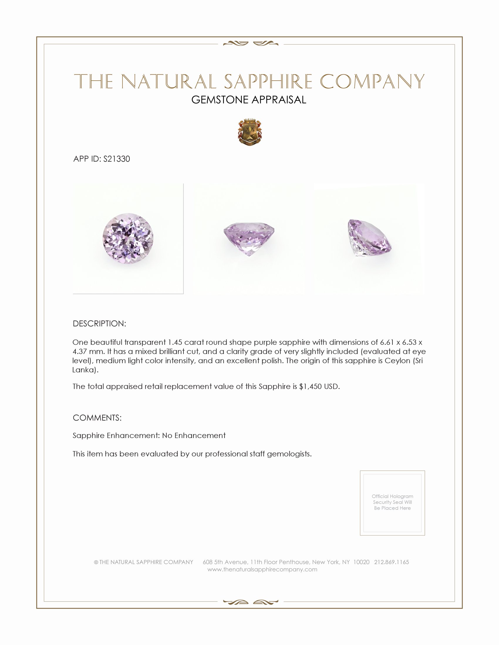 1.45 Ct. Purple Sapphire from Ceylon (Sri Lanka)
