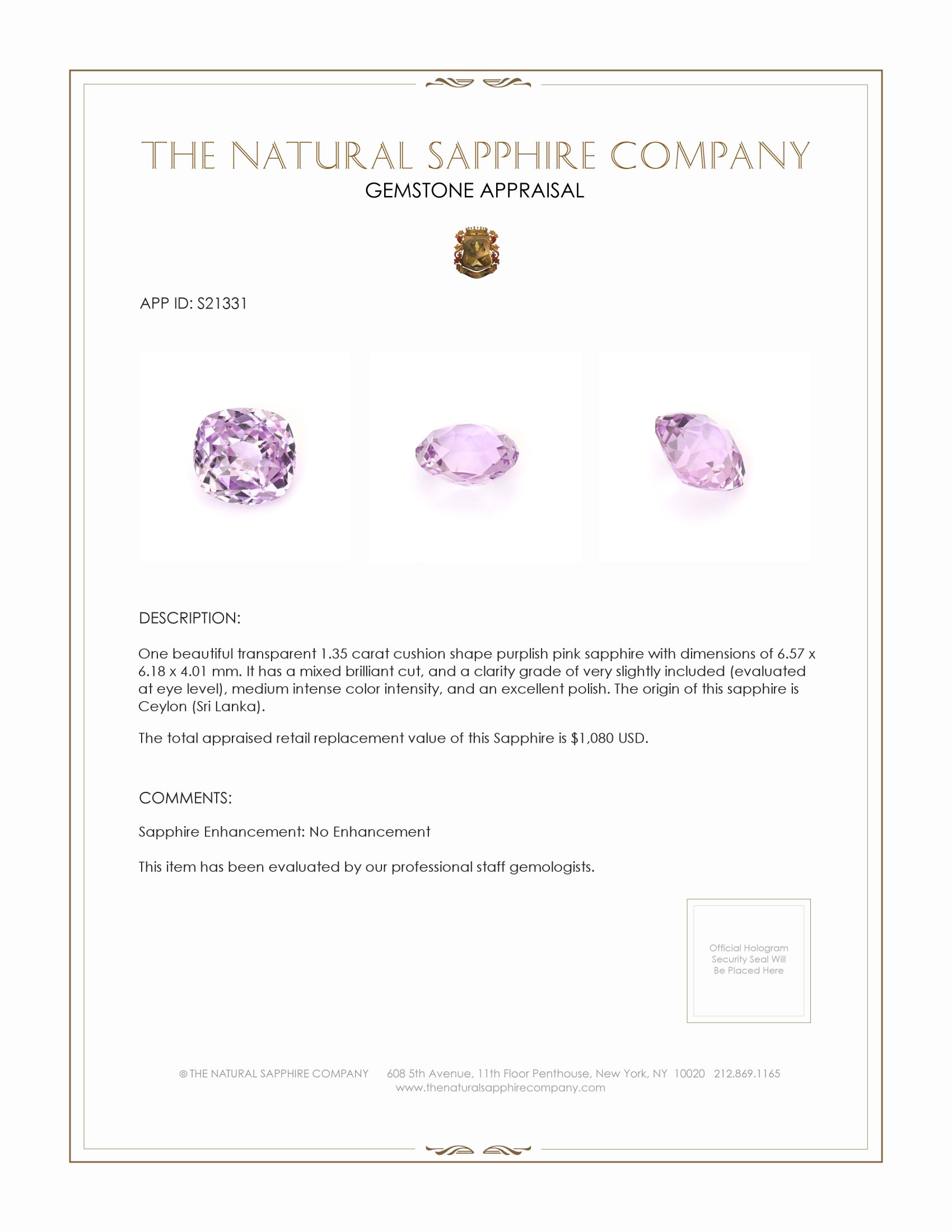 1.35 Ct. Purplish Pink Sapphire from Ceylon (Sri Lanka)