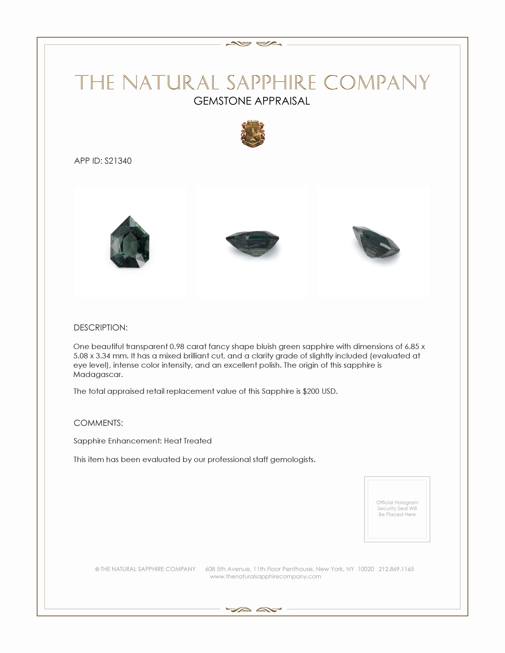 0.98 Ct. Bluish Green Sapphire from Madagascar