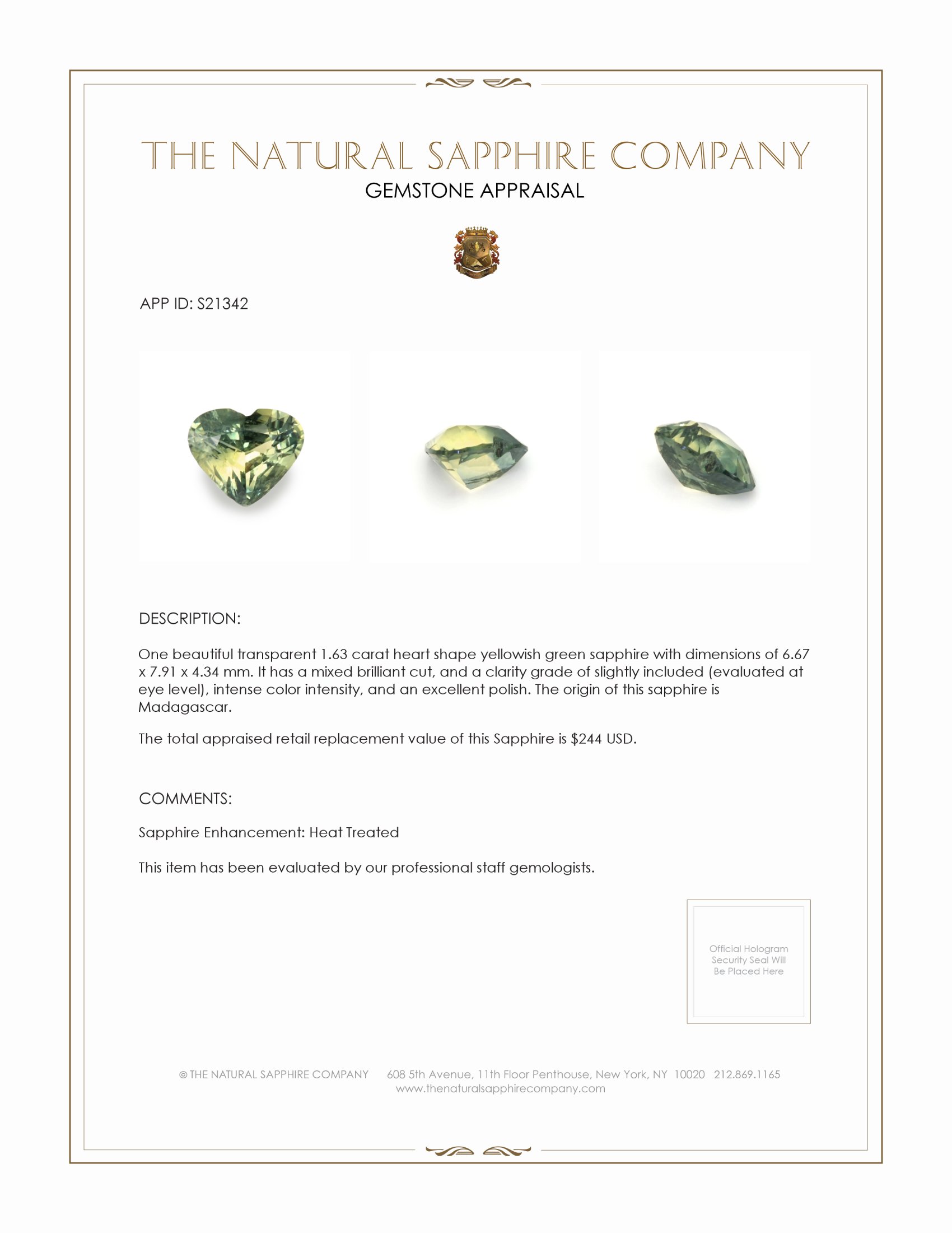 1.63 Ct. Yellowish Green Sapphire from Madagascar