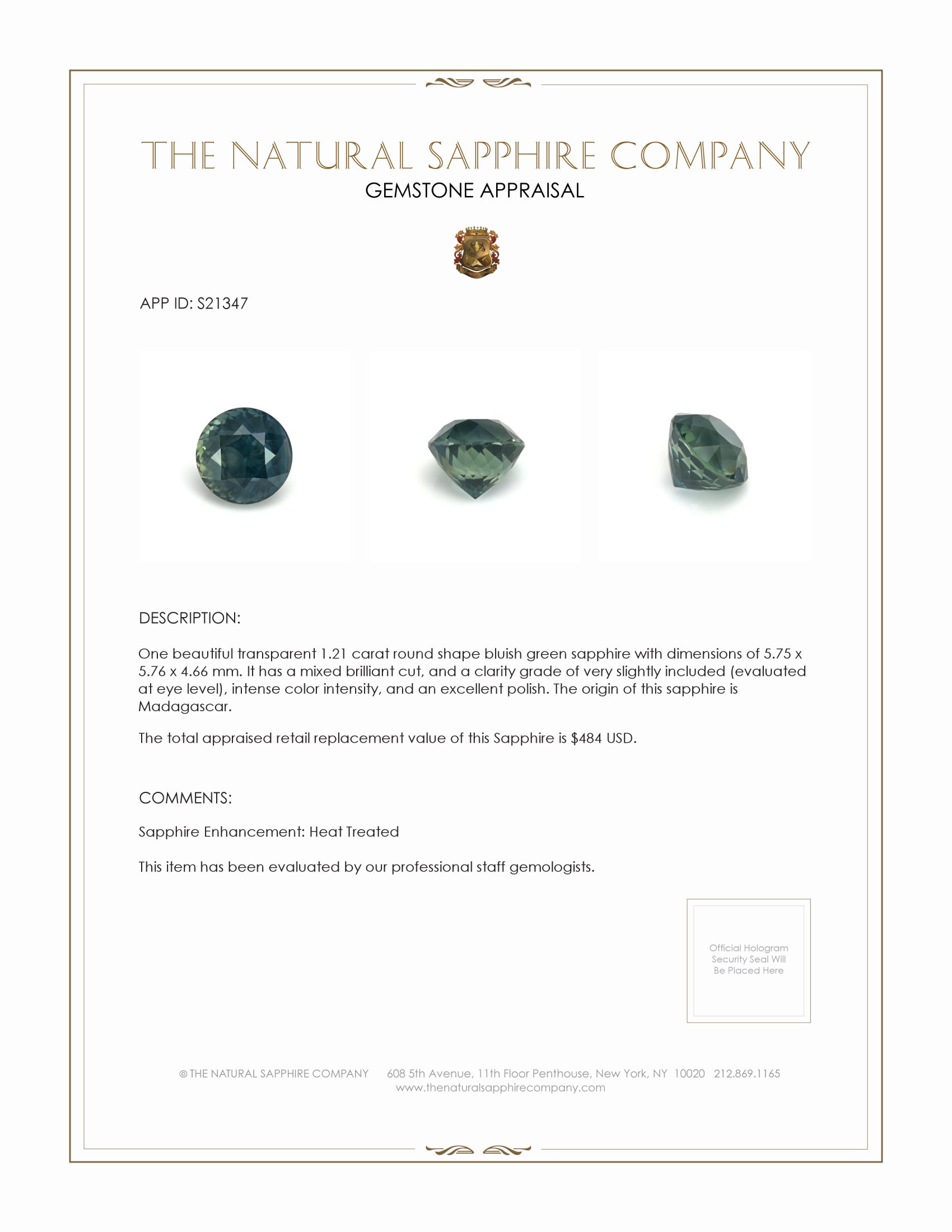 1.21 Ct. Bluish Green Sapphire from Madagascar
