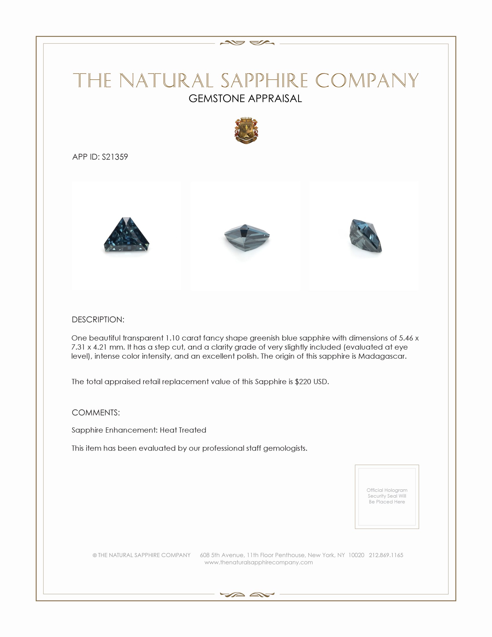 1.10 Ct. Greenish Blue Sapphire from Madagascar