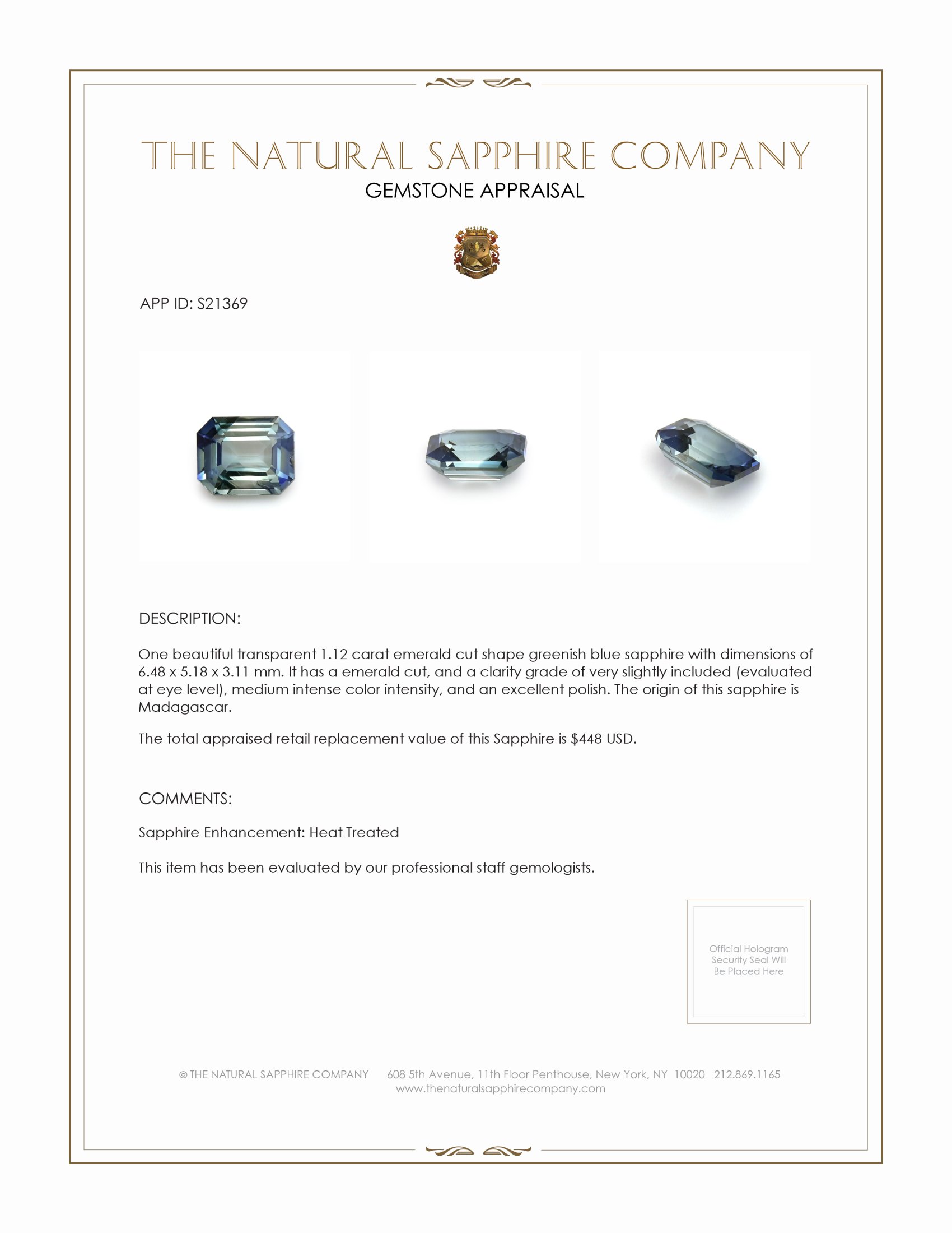 1.12 Ct. Greenish Blue Sapphire from Madagascar