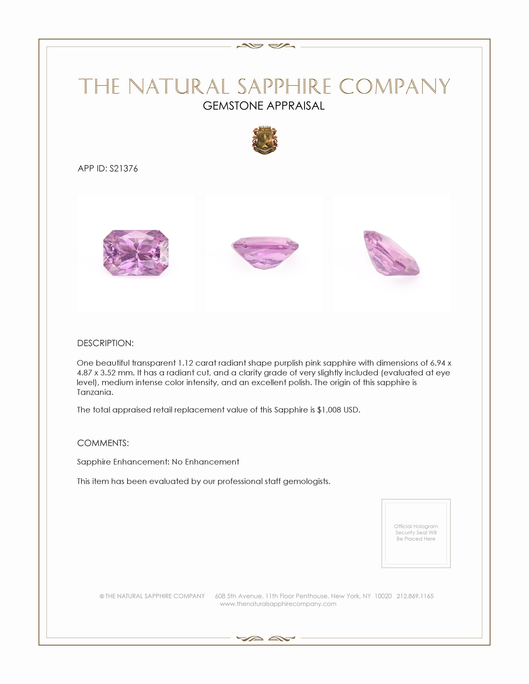 1.12 Ct. Purplish Pink Sapphire from Tanzania