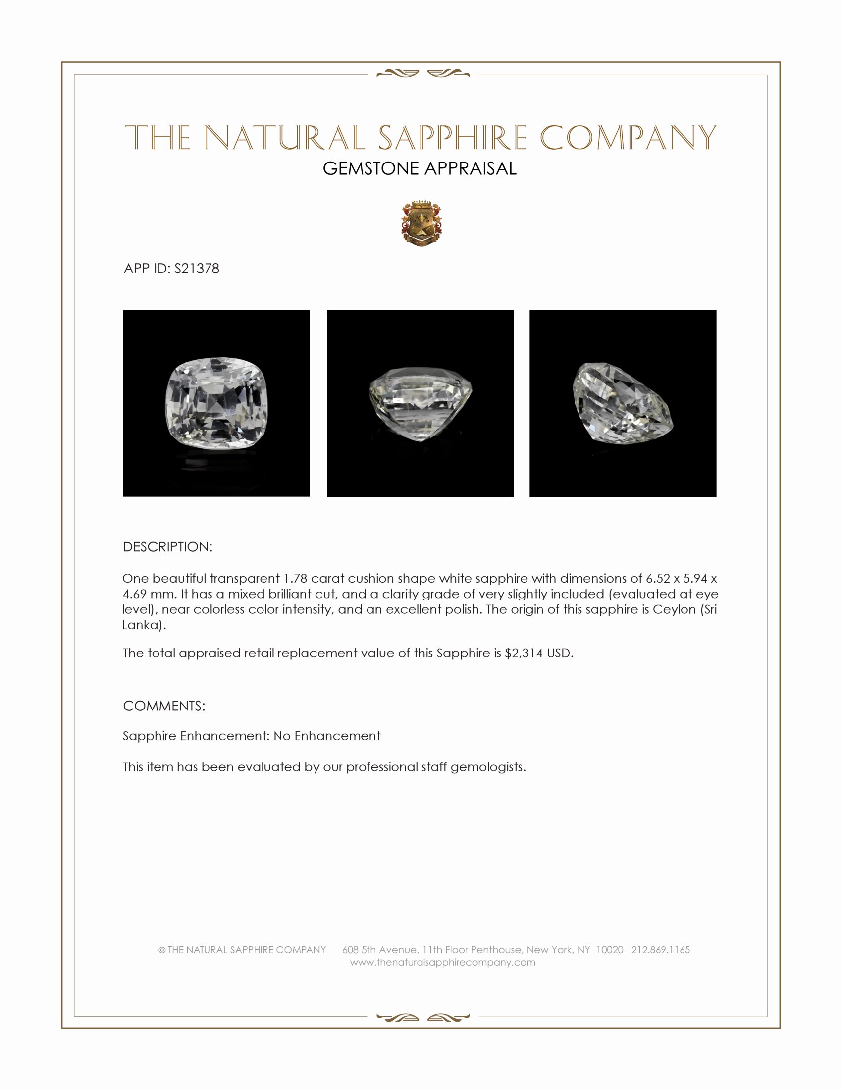 1.78 Ct. White Sapphire from Ceylon (Sri Lanka)