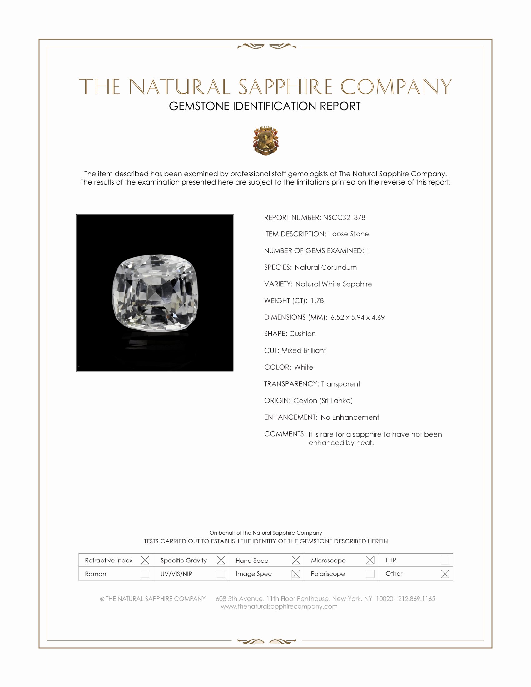 1.78 Ct. White Sapphire from Ceylon (Sri Lanka)