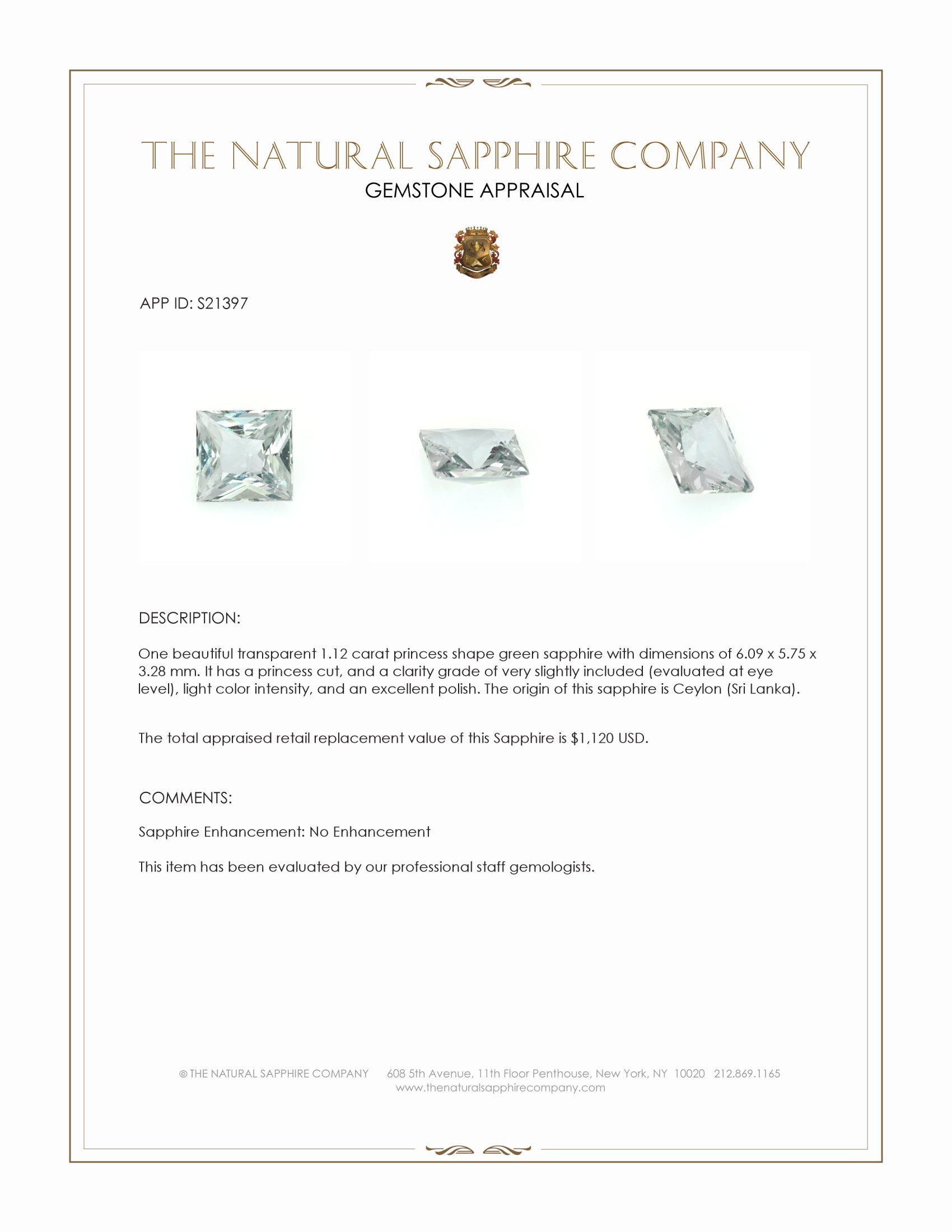 1.12 Ct. Green Sapphire from Ceylon (Sri Lanka)