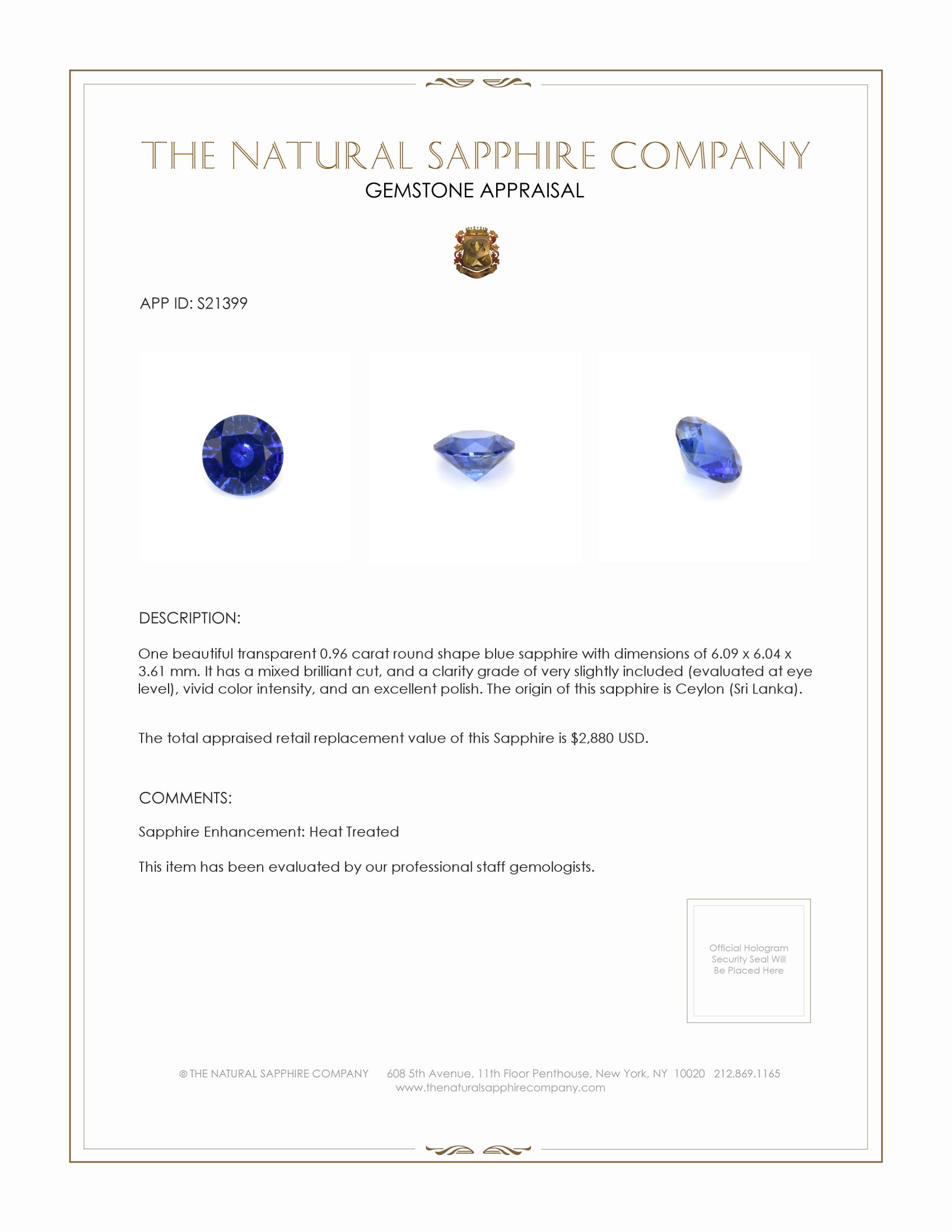 0.96 Ct. Blue Sapphire from Ceylon (Sri Lanka)