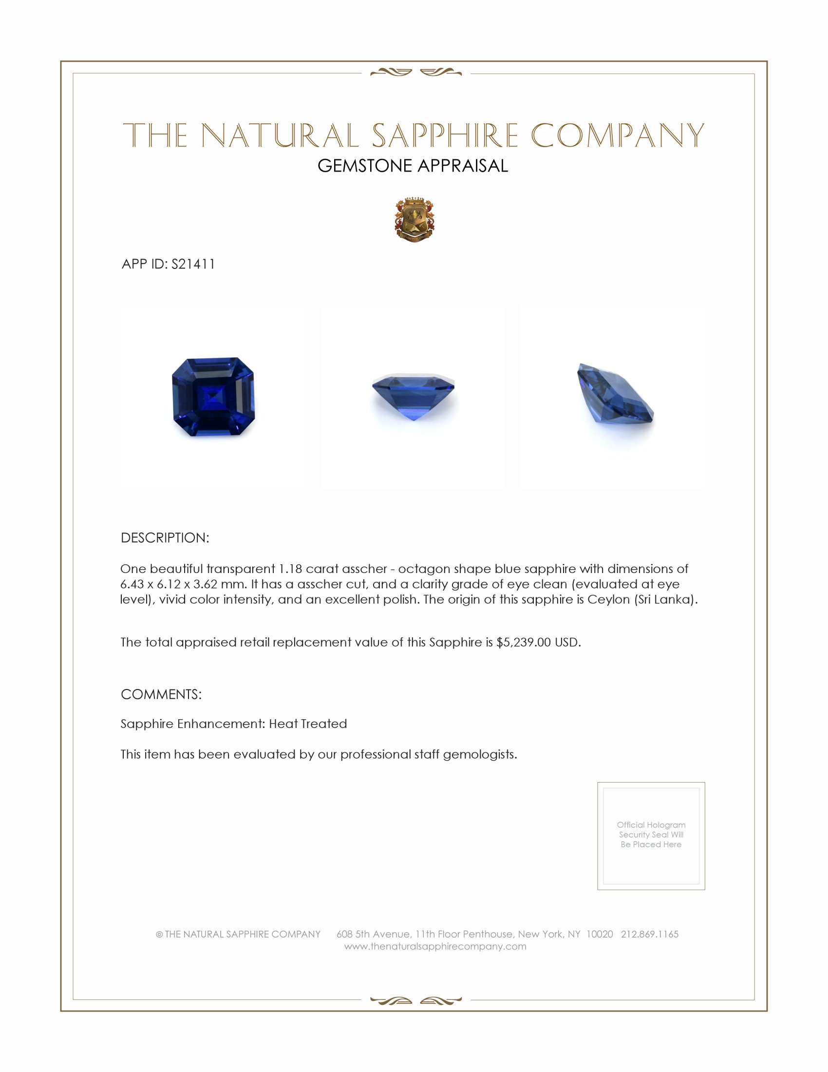 1.18 Ct. Blue Sapphire from Ceylon (Sri Lanka)