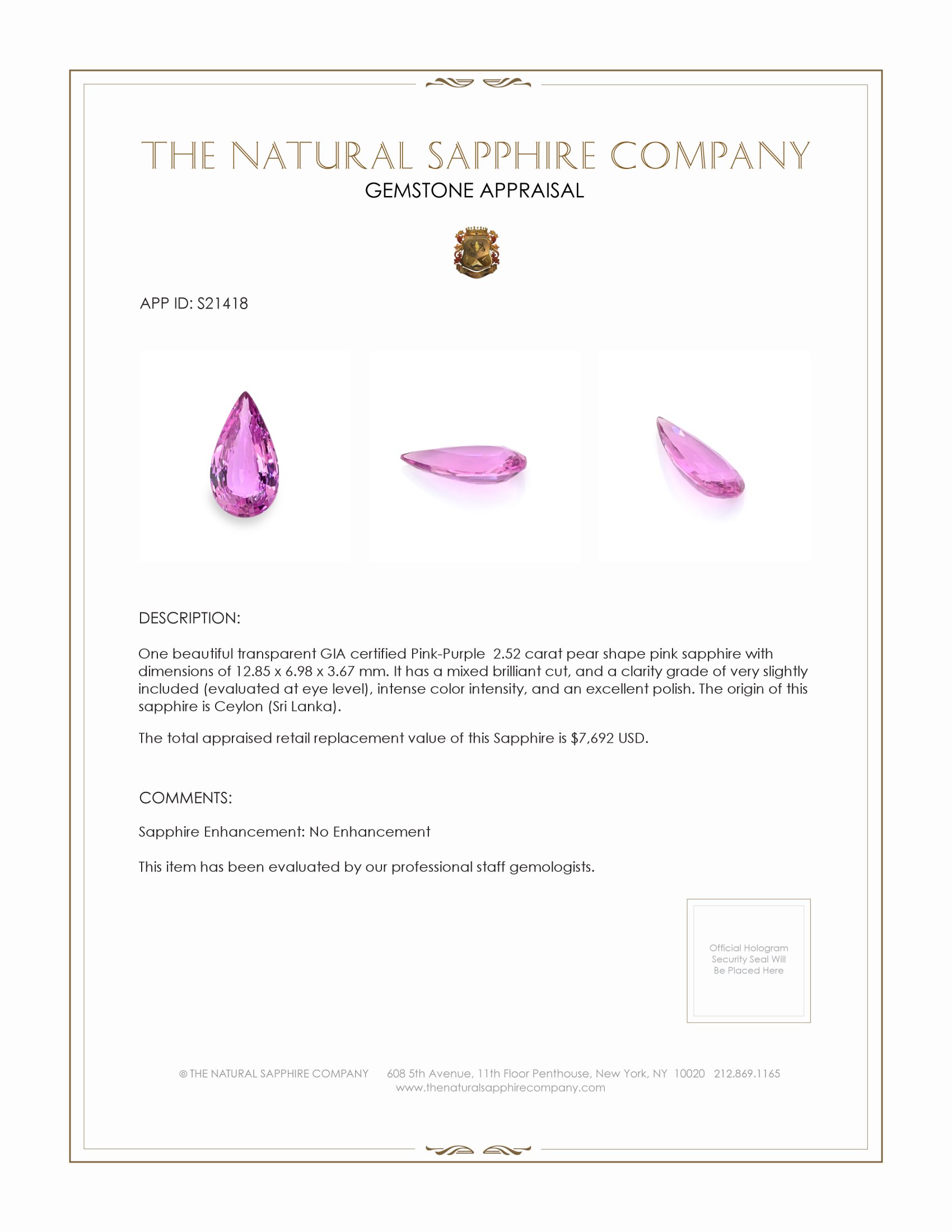 2.52 Ct. Pinkish Purple Sapphire from Ceylon (Sri Lanka)