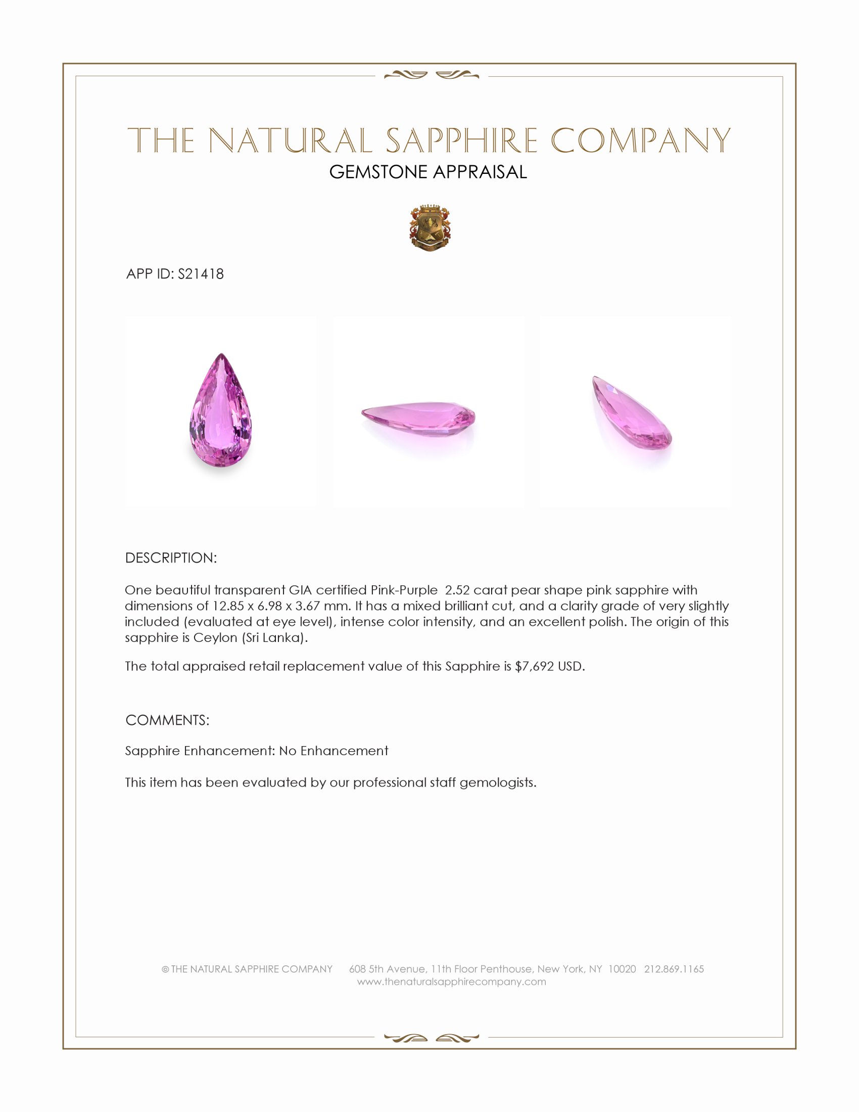 2.52 Ct. Pink Sapphire from Ceylon (Sri Lanka)