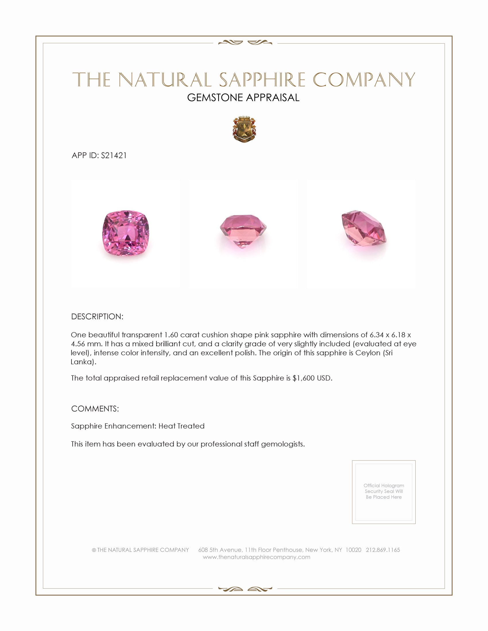 1.60 Ct. Pink Sapphire from Ceylon (Sri Lanka)