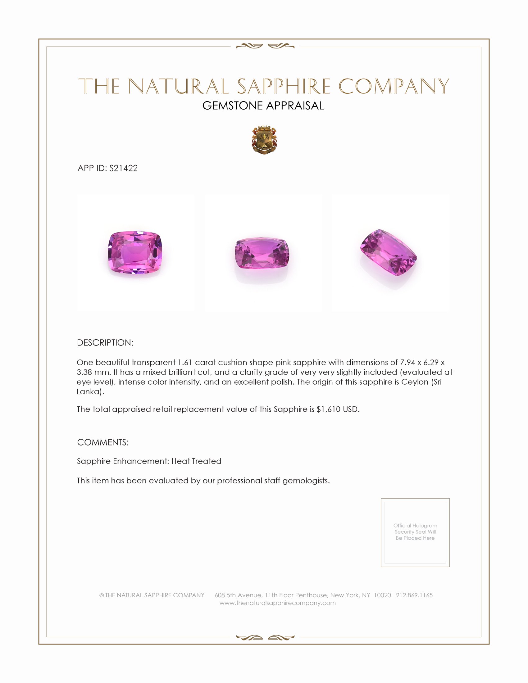 1.61 Ct. Pink Sapphire from Ceylon (Sri Lanka)