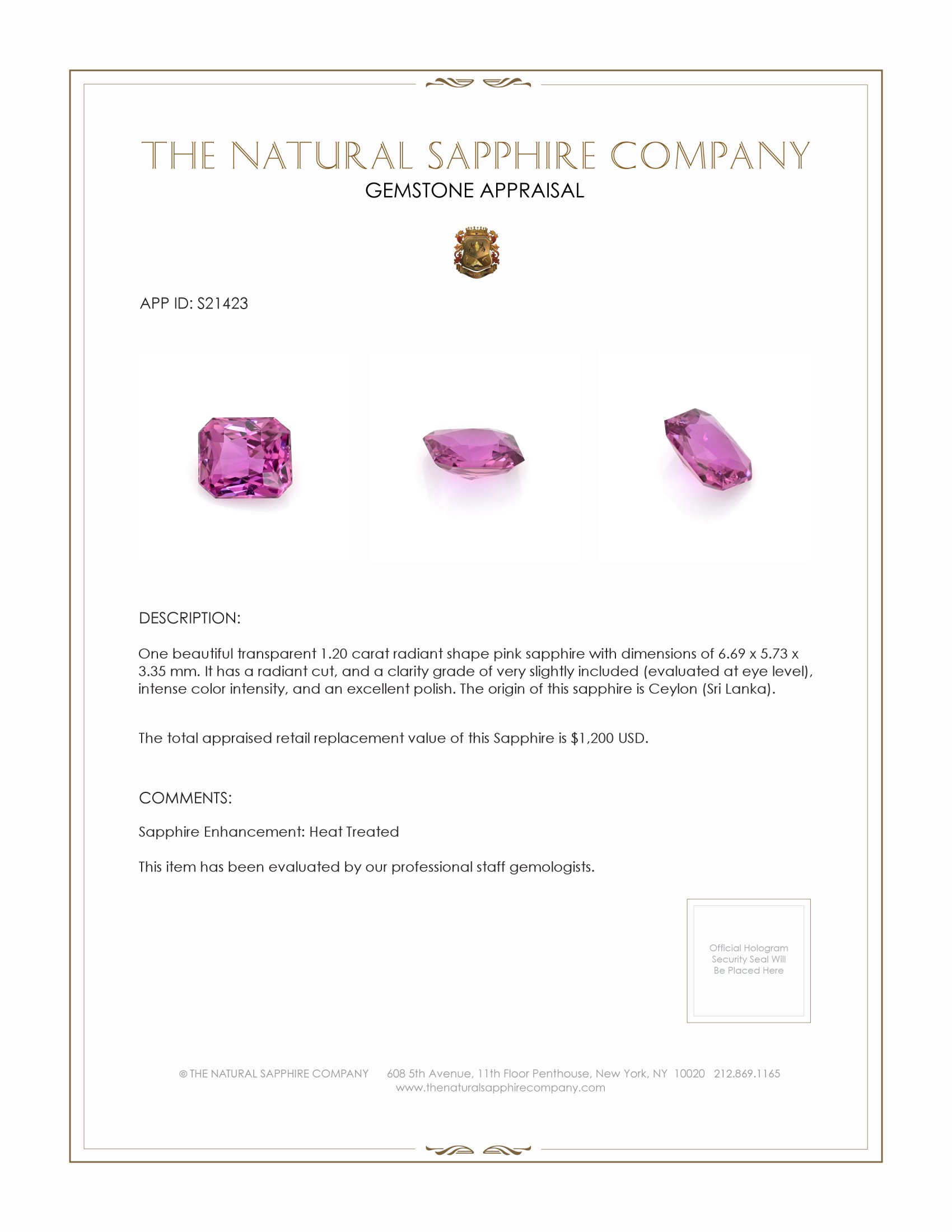 1.20 Ct. Pink Sapphire from Ceylon (Sri Lanka)