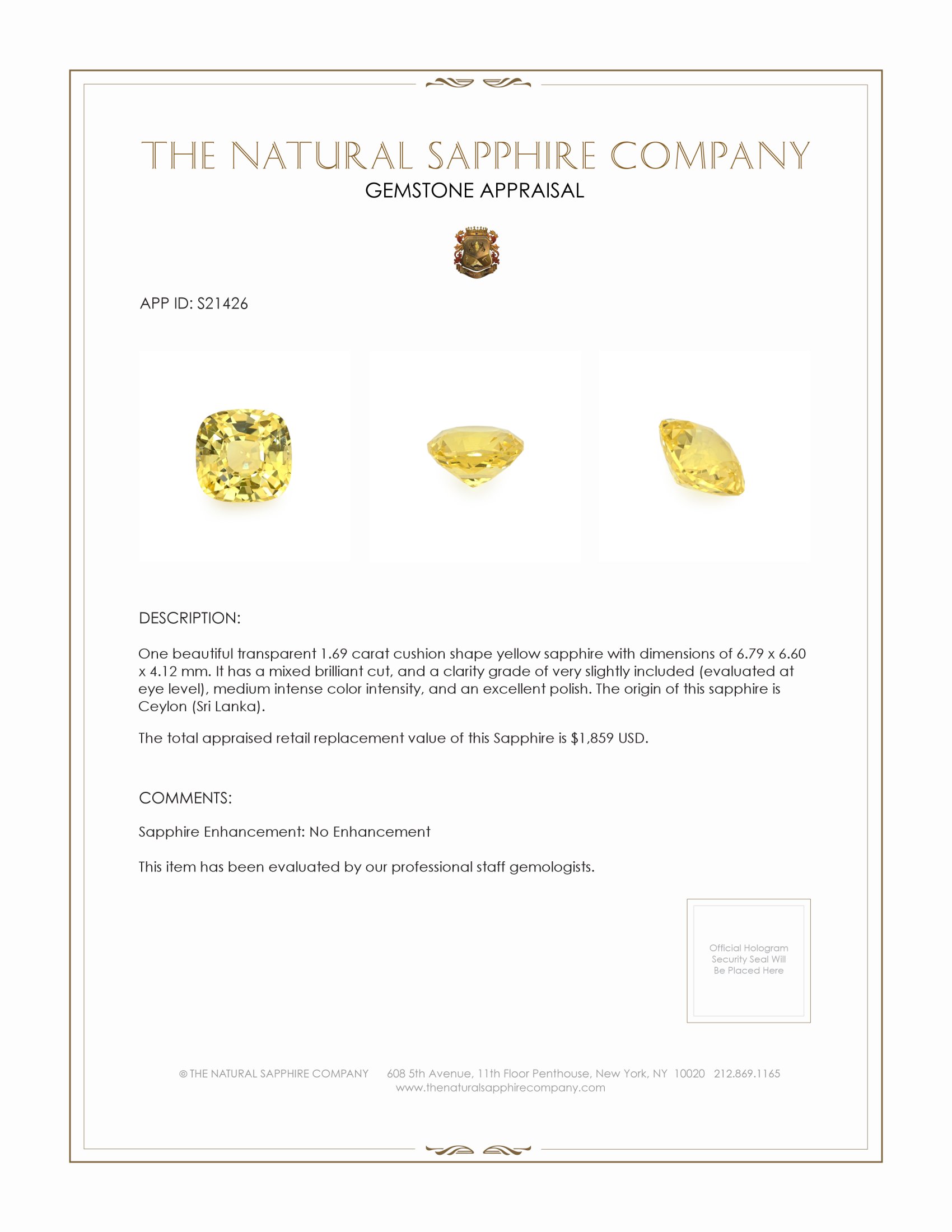 1.69 Ct. Yellow Sapphire from Ceylon (Sri Lanka)
