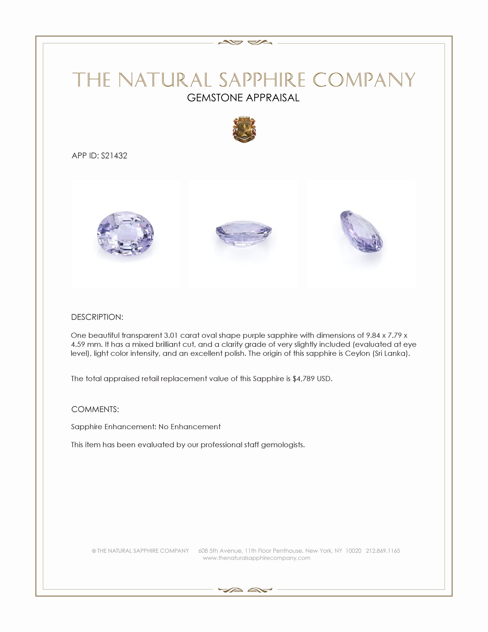 3.01 Ct. Purple Sapphire from Ceylon (Sri Lanka)