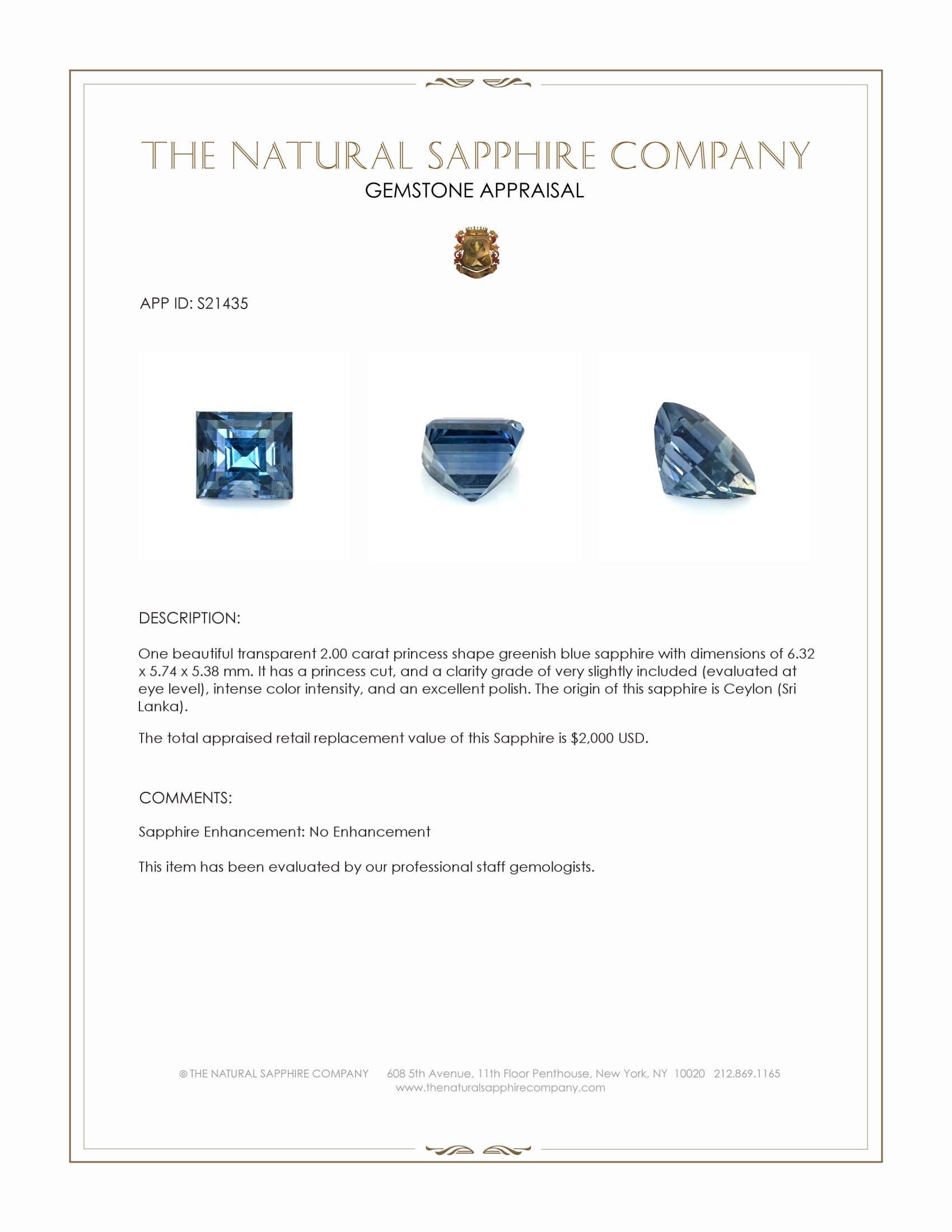 2.00 Ct. Greenish Blue Sapphire from Ceylon (Sri Lanka)