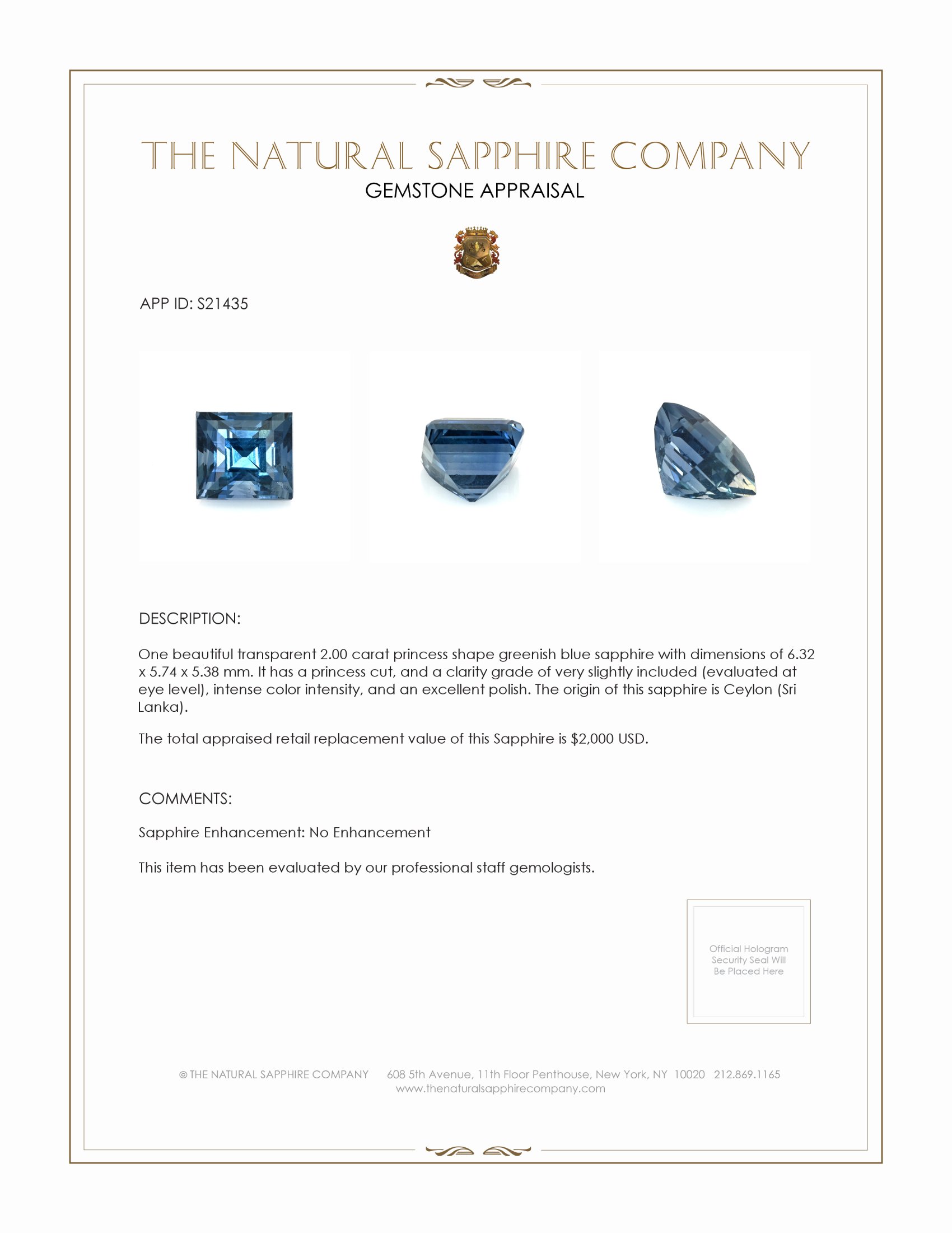 2.00 Ct. Greenish Blue Sapphire from Ceylon (Sri Lanka)