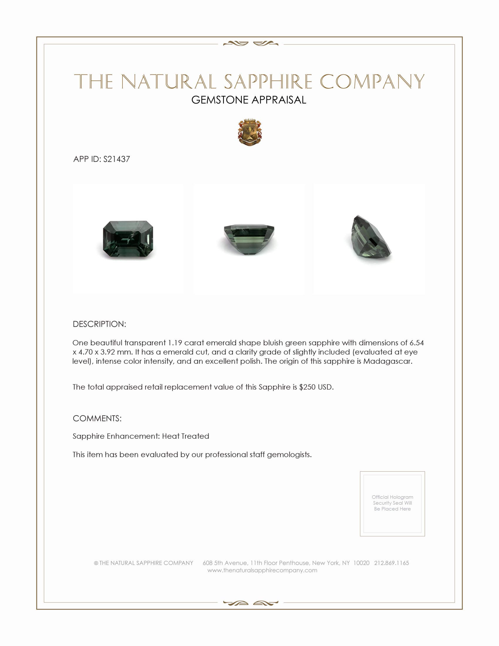 1.19 Ct. Bluish Green Sapphire from Madagascar