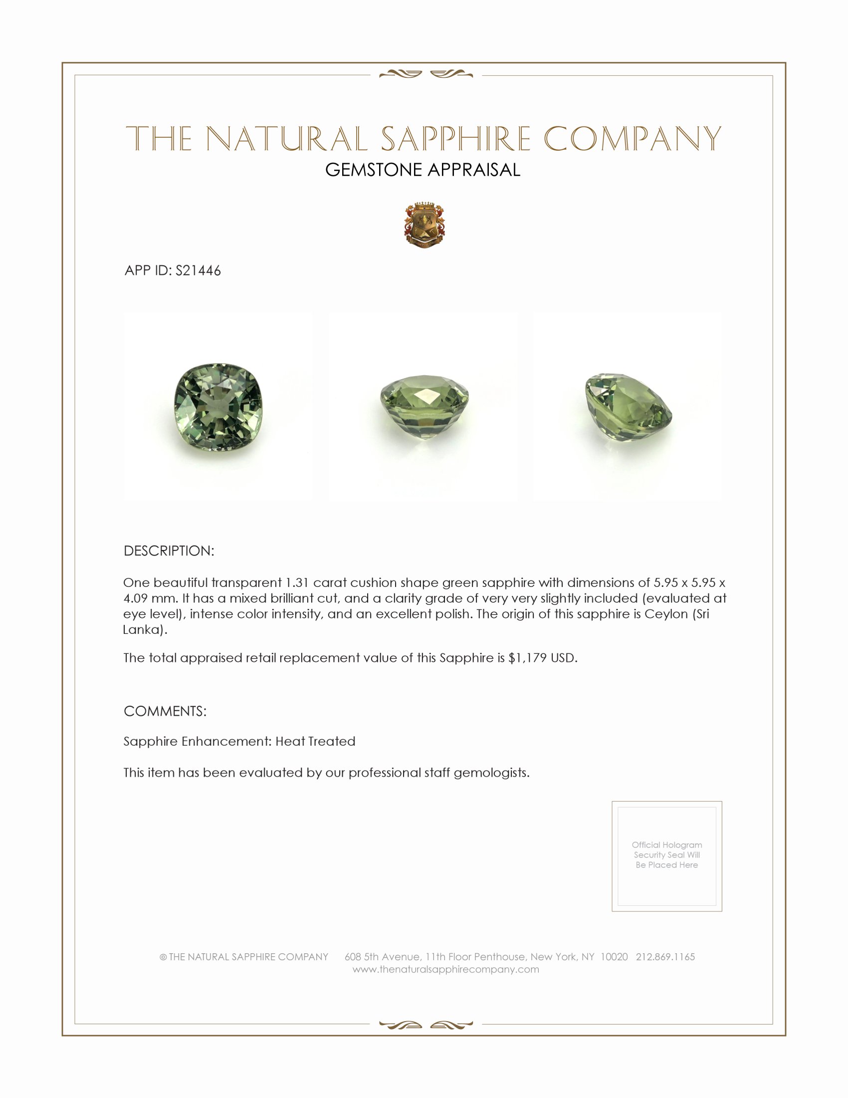 1.31 Ct. Green Sapphire from Ceylon (Sri Lanka)